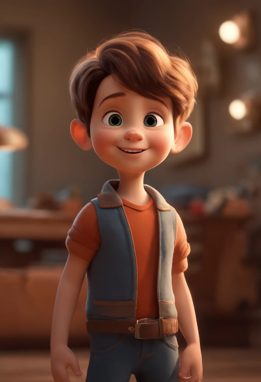 a happy cute kid standing short hair, vestindo uma fantasia espacial, , fundo branco, barnet, Tom, Estilo Pixar, ....3d, desenhos animados, rosto detalhado, asymmetrical 16k