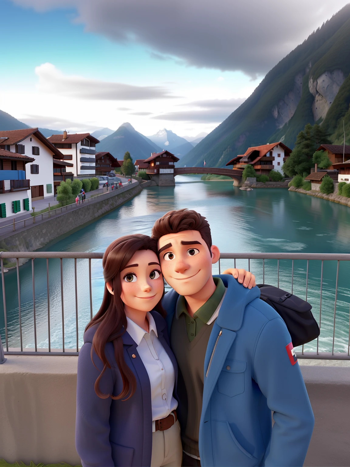 There's a man and a woman standing next to each other by a river, com montanhas ao fundo, montanhas ao fundo, com montanhas no fundo, rio ao fundo, in the swiss alps, Moutain no fundo, com montanhas como pano de fundo, Epic mountains in the background, Montanha ao fundo, the alps are in the background, algumas montanhas ao fundo