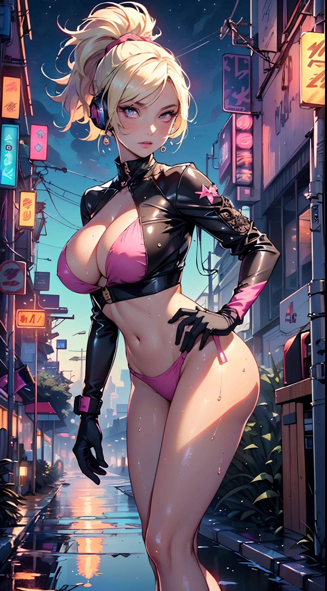 girl swimmer,((girl with extremely cute and beautiful blonde hair)),
(large breasts:1.4),saggy breasts,(((very light blonde ponytail hair:1.35,straight hair,ponytail long hair:1.4,colored inner hair,ear breathing))),((heterochromia:1.5, (pink_eye and yellow_eye))),intricate eyes,beautiful detailed eyes,symmetrical eyes,((fat)),(((lustrous skin:1.5,bright skin: 1.5,skin tanned,shiny skin,very shiny skin,shiny body,plastic glitter skin,exaggerated shiny skin,illuminated skin, wet legs))),(spider lower abdomen,narrow waist,wide hip,athletic body,inflated legs,detailed body,(detailed face)),
cute,slutty,seductive,erotic,((nsfw)),
zettai ryouiki,((two-piece swimsuit magenta,wearing a bikini outfit:1.3,sport bikini)),(rgb headphones:1.5,cyber gloves:1.5,huge mech-gloves),((wet clothes,intricate outfit,intricate clothes,intricate swimsuit, intricate bikini)),
(dynamic pose:1.0),embarrassed,(centered,scale to fit dimensions,Rule of thirds),
cyberpunk city by the ocean at night, with bright neon signs and dark stormy clouds and puddles, scenery:1.25,starry night, cosmos,
artistic photography,(photography taken by sldr),highres, sharp focus, (ultra detailed, extremely detailed), (photorealistic artwork:1.37),(extremely detailed CG unity 8k wallpaper),((synthwave background theme)),(((vibrant colors))),(intricate background),(masterpiece),(best quality),