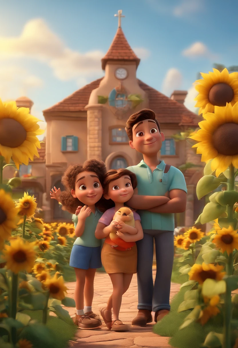 Create a Disney PIXAR-style 3D poster. ((centro da imagem, Triplets)), ((3 children)) ((1 menino no meio e 2 meninas ao lado, They're hugging each other, O menino tem pele castanha e cabelos castanhos escuros e olhos castanhos escuros, 1 menina tem pele clara, olhos e cabelos escuros e cacheados, e a outra menina tem pele morena, olhos escuros e cabelos escuros e lisos)) ((tudo isso no estilo Disney PIXAR 3D, In the background, A house of sunflowers, Gloria Studio, The garden is full of nature 3D render RTX clay material, estilo de design cartunesco, POP Mart, soft lighting, linhas suaves, Spring tilt, Detailed illustrations of PIXAR 3D, Detalhes hiper-realistas, cor quente no estilo Disney PIXAR 3D))