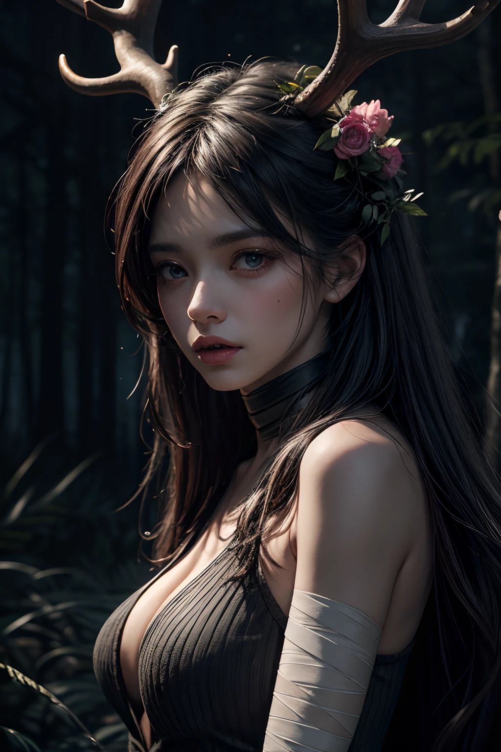offcial art, Unity 8k壁纸, Ultra detailed, Beautiful and aesthetic, Masterpiece, Best quality, In the dark forest, a druid, There are large antlers on the head, Sad and scared expressions, Twigs entwined with flowers, (The body was wrapped in a black bandage), 8K high-quality detailed graphics, ((Perfect anatomy)), stunning digital illustration, (Body symmetry: 1.2), upper torso. Gray gloomy background, Dark forest. Gloomy and desperate, Dark dramatic lighting, Vignette, depth of fields.