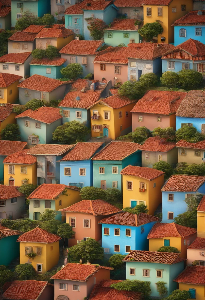 Create for me an aerial image of the Cidade Tiradentes neighborhood with housing projects and favelas in the format of a Disney movie/pixar