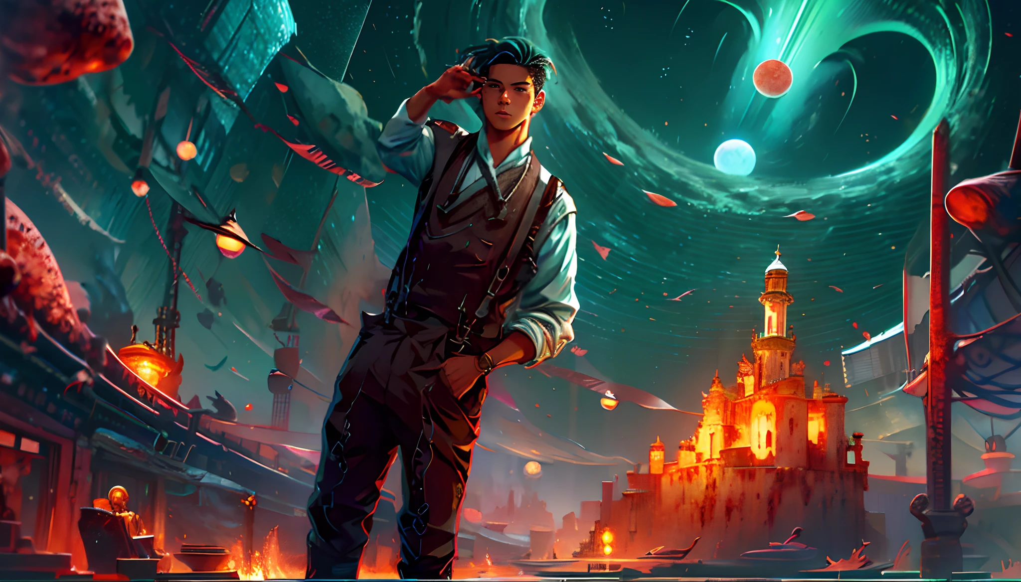 sea surface，whales，starrysky，Blood Moon，meteors，aurora borealis，middle parted hairstyle，Suspenders，Boy student