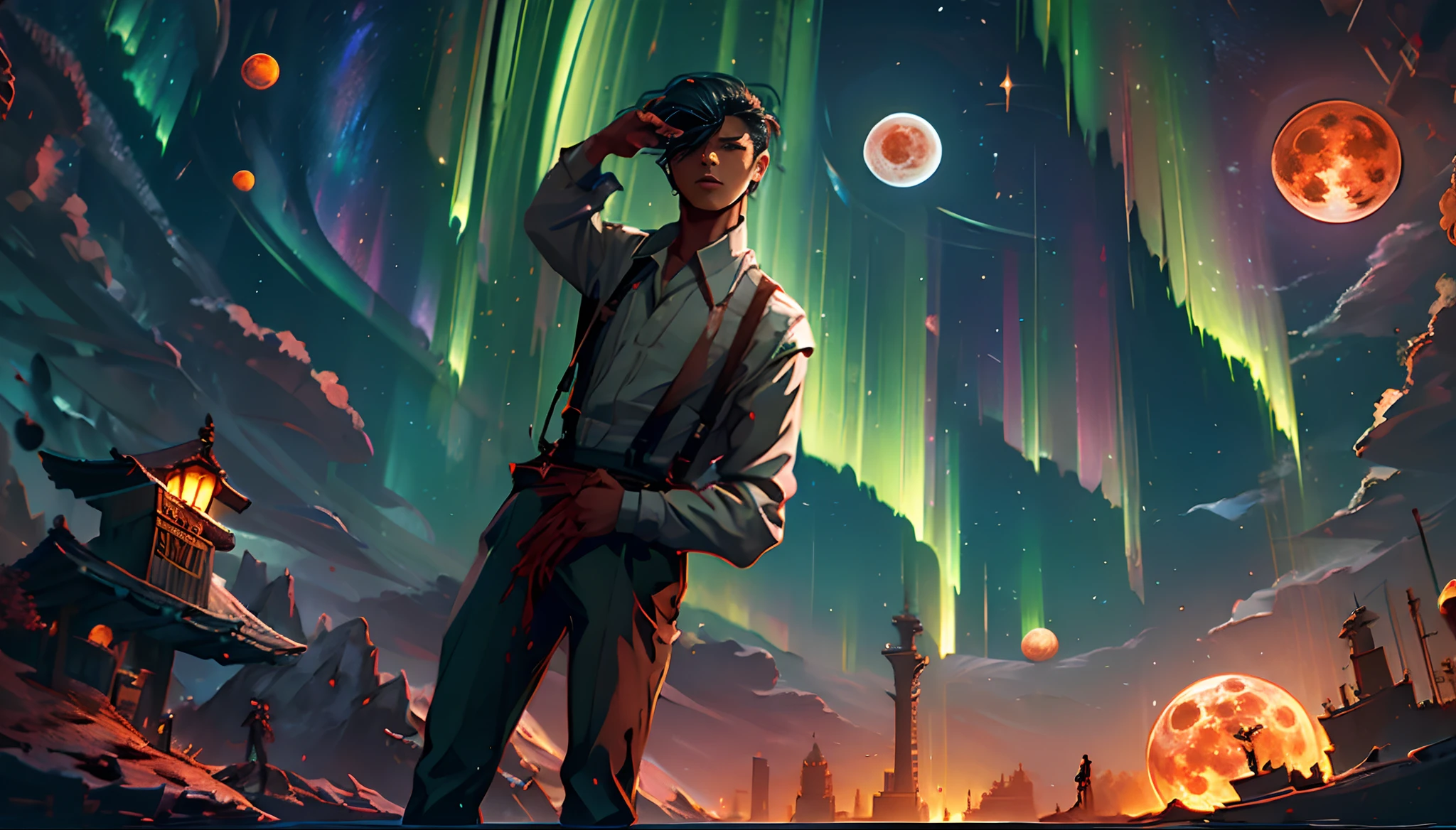 sea surface，whales，starrysky，Blood Moon，meteors，aurora borealis，middle parted hairstyle，Suspenders，Boy student