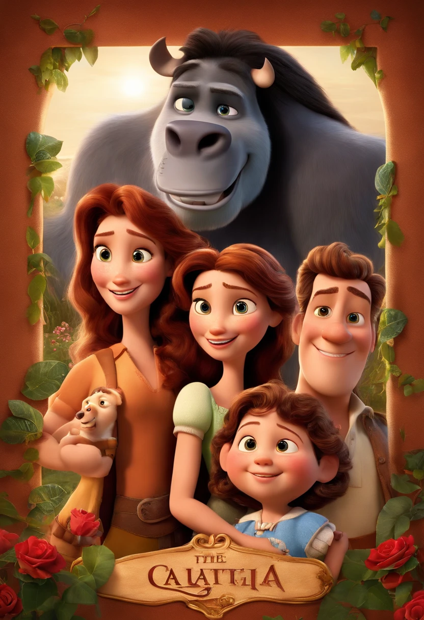 a Disney Pixar movie poster showing a white-skinned family. The father is the tallest, Tem barba curta, loiro, cabelos curtos e espinhosos. The mother has brown eyes and hair, shoulder-length and is slightly overweight. A tem 4 anos e cabelos castanhos, roupa rosa e rabos de cavalo. The background is a beach garden. 3D-rendering