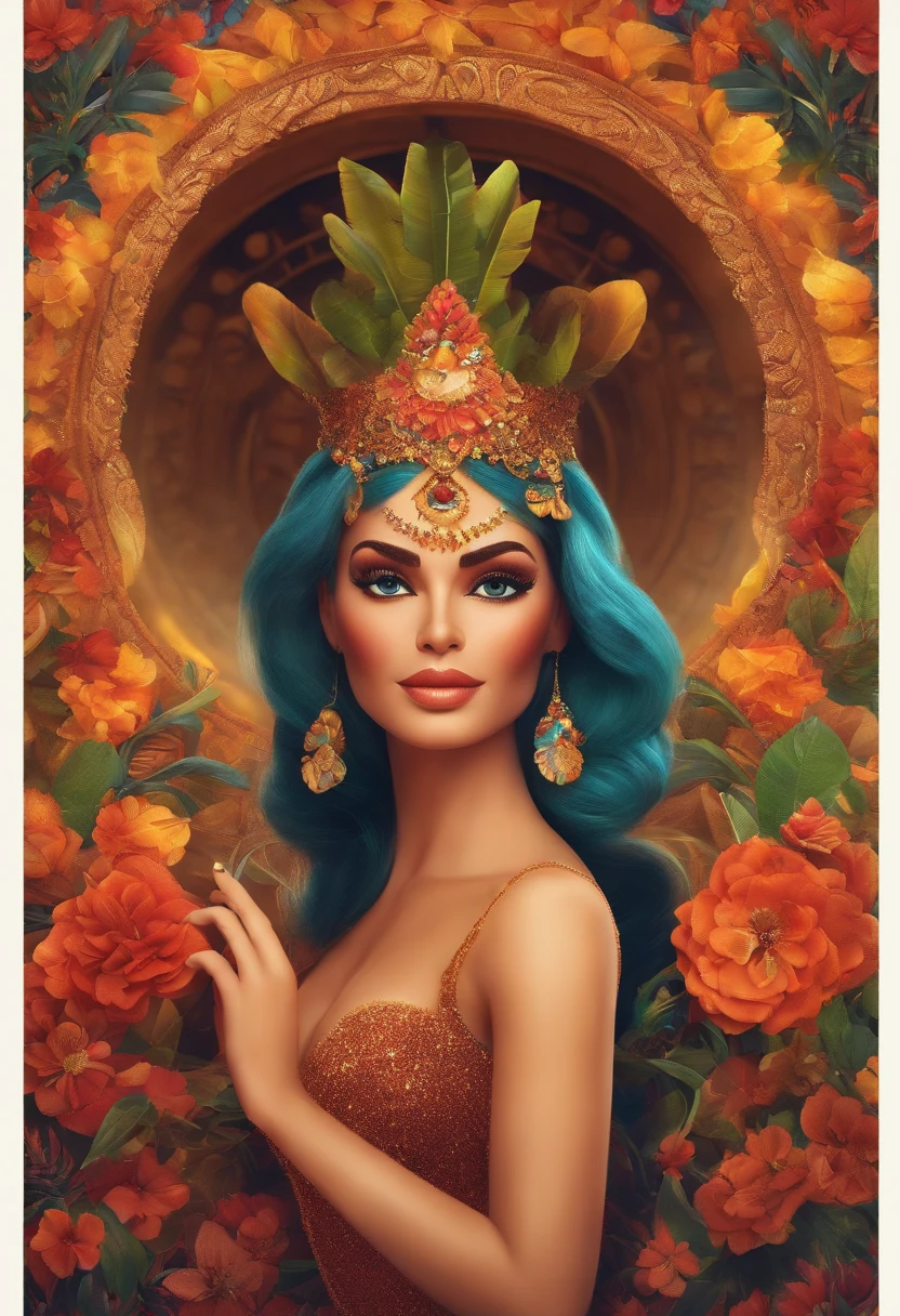 A renowned production company with 35 years of ideas inspired by Pixar animation, de perto. She's surrounded by a magical samba circle, each with a magic instrument The focus is on the character, with a captivating facial expression, Against a backdrop of shimmering, cores efervescentes.