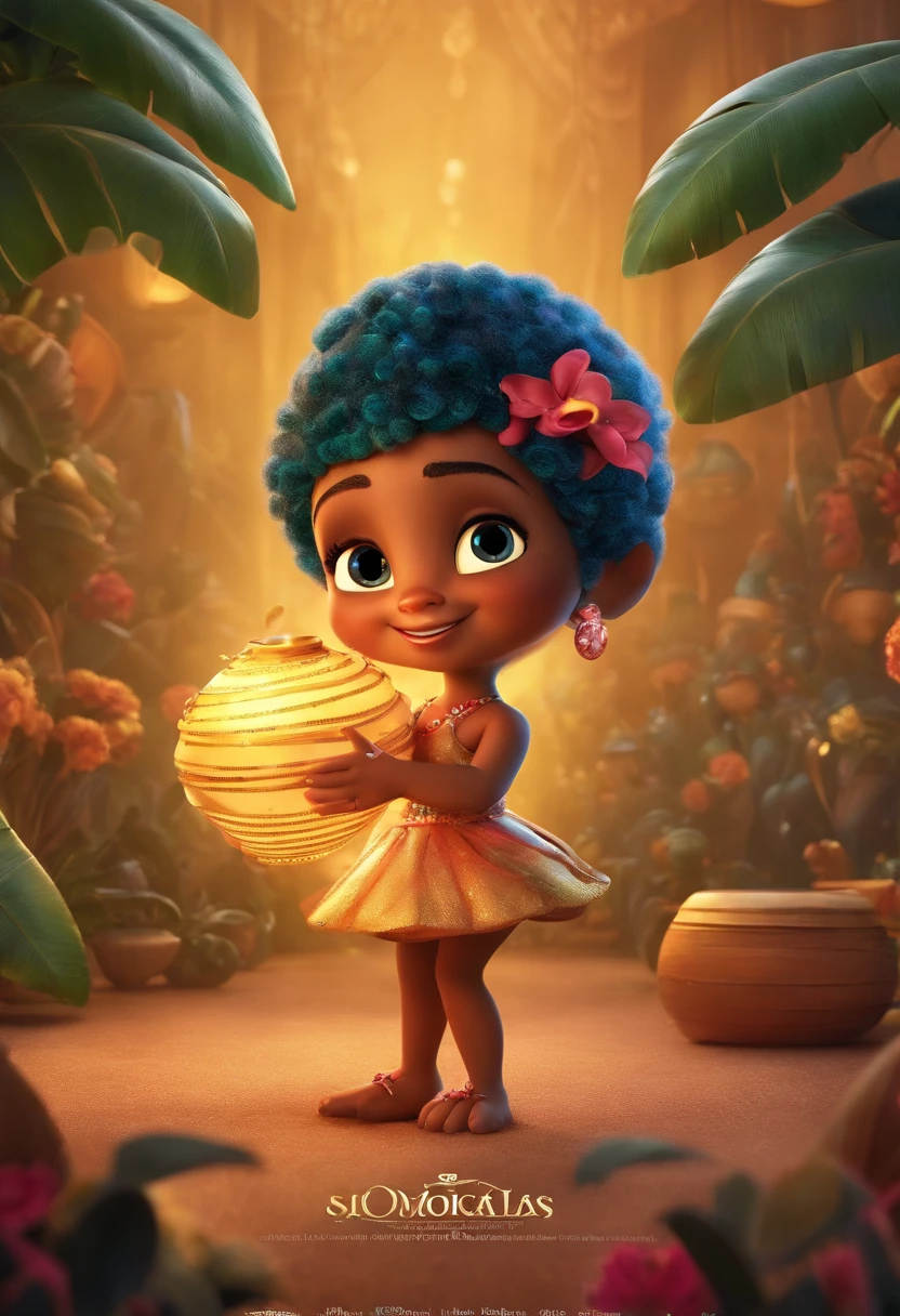 A renowned production company with 35 years of ideas inspired by Pixar animation, de perto. She's surrounded by a magical samba circle, each with a magic instrument The focus is on the character, with a captivating facial expression, Against a backdrop of shimmering, cores efervescentes.