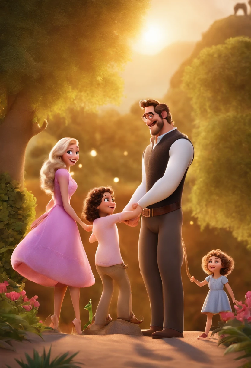 a Disney Pixar movie poster showing a white-skinned family. The father is the tallest with athletic build ,wears glasses, Tem barba e bigode curto, olhos castanhos, cabelos castanhos com poucos fios brancos, curtos e levemente ondulado. The mother has brown eyes and hair that reaches to the middle of her back, magra e de rosto fino, com um sorriso maravilhoso. A menina temm 7 meses e cabelos castanhos, roupa rosa e rabos de cavalo, You'll be in your mother's arms.The background is a beach garden. 3D-rendering