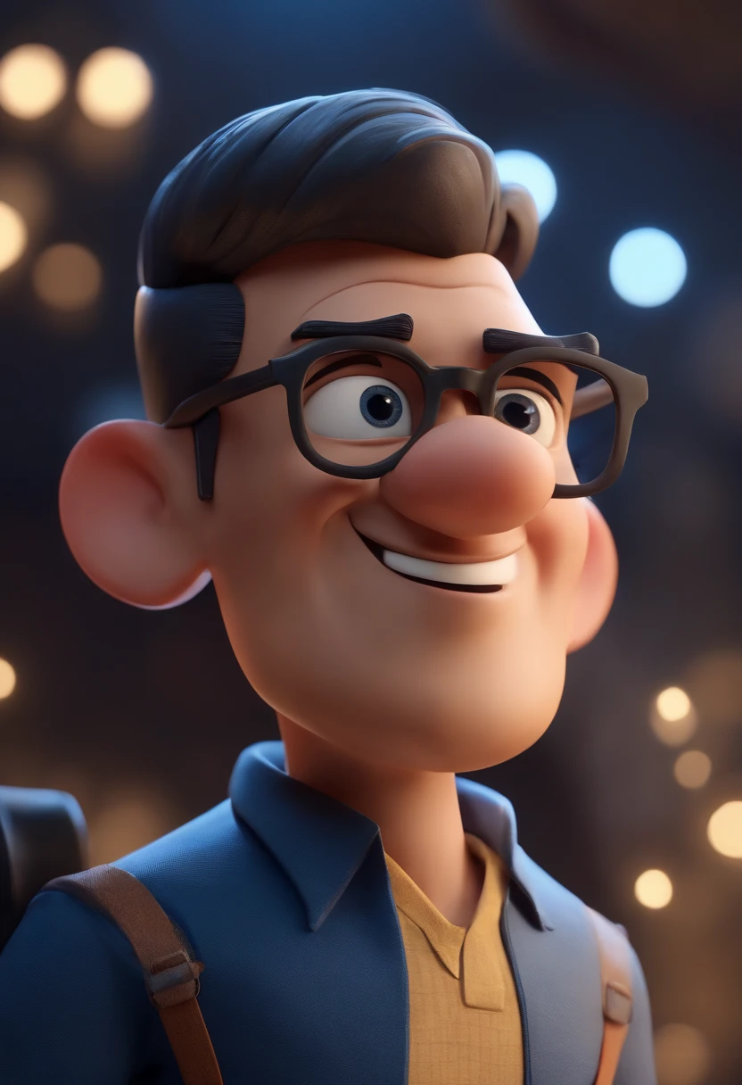 Cartoon character of a man wearing black glasses and a blue shirt, um personagem animado, Caractere estilizado, animation style rendering, 3D estilizado, Arnold Maya render, 3 d render stylized, toon render keyshot, Personagem 3D, Personagem 3D, 3d rendering stylized, 3 d character render, personagem de desenho animado, Personagem de close up, Pose de personagem, (Estilo Pixar) (master part:1.2) (Bokeh) (best quality) (pele detalhada) (textura detalhada) (8k) (argila) (Cinematic lighting) (foco nítido,Senta e vaza a parte superior do corpo