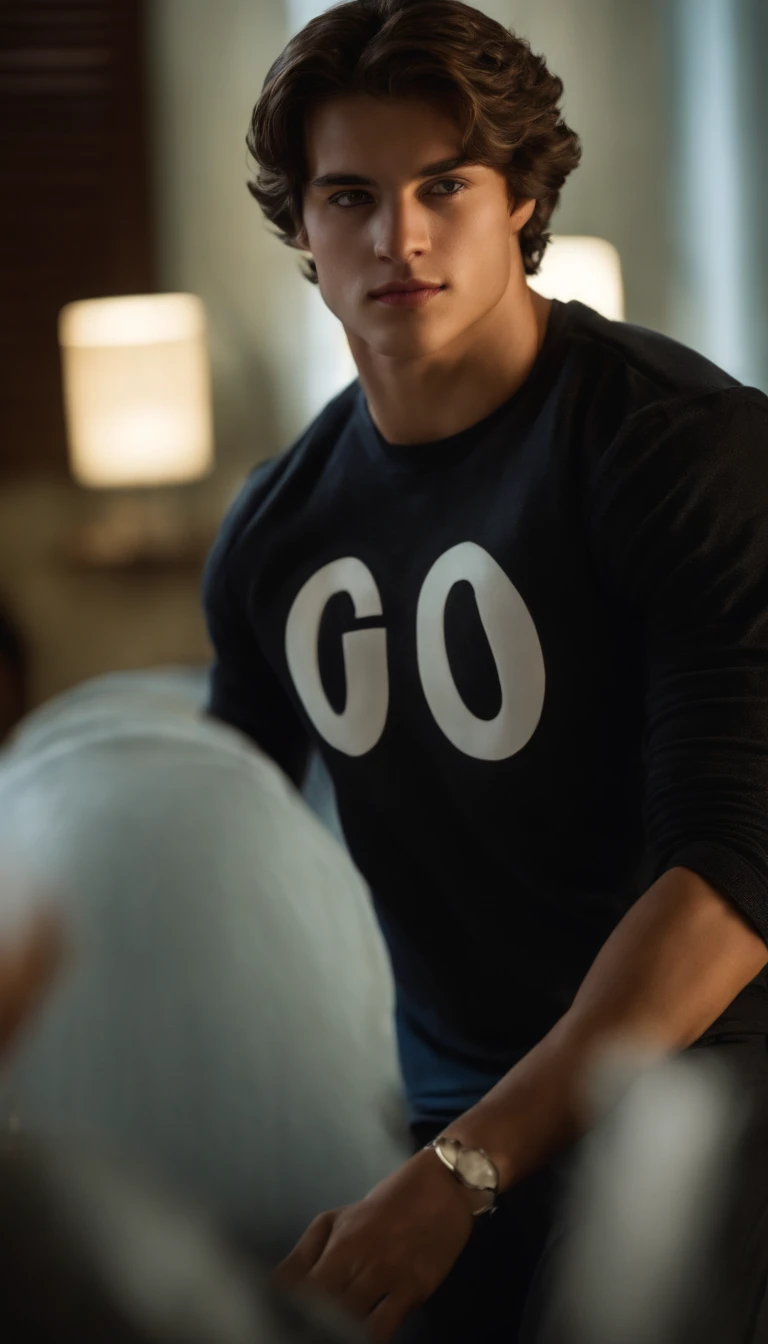 Toma de cuerpo completo, Retrato de un chico guapo, 16 years old, Camisa, barechest, sin barba, con cabello negro desordenado y ondulado, Super light blue eyes, labios gruesos, defined muscles, caber, Cuerpo rasgado, Toma de cuerpo completo, ultra highest detailed face, Darmatic Lighting, luz corta, calzoncillos cortos ajustados, Ropa interior ajustada, calzoncillo, apretado, acostado boca arriba en la cama, piernas abiertas, pene parado