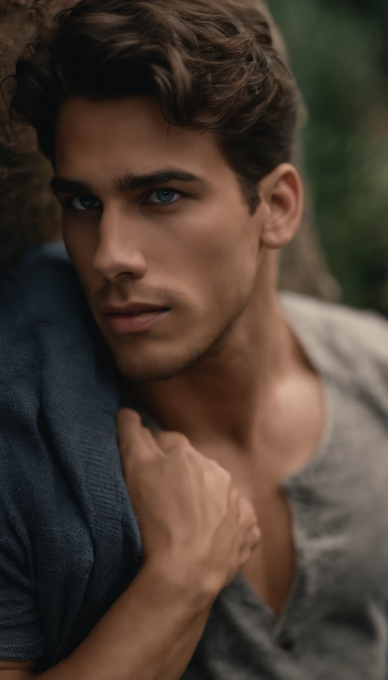 Toma de cuerpo completo, Retrato de un chico guapo, , Camisa, barechest, sin barba, con cabello negro desordenado y ondulado, Super light blue eyes, labios gruesos, defined muscles, caber, Cuerpo rasgado, Toma de cuerpo completo, ultra highest detailed face, Darmatic Lighting, luz corta, calzoncillos cortos ajustados, Ropa interior ajustada, calzoncillo, apretado, acostado boca arriba en la cama, piernas abiertas, pene parado
