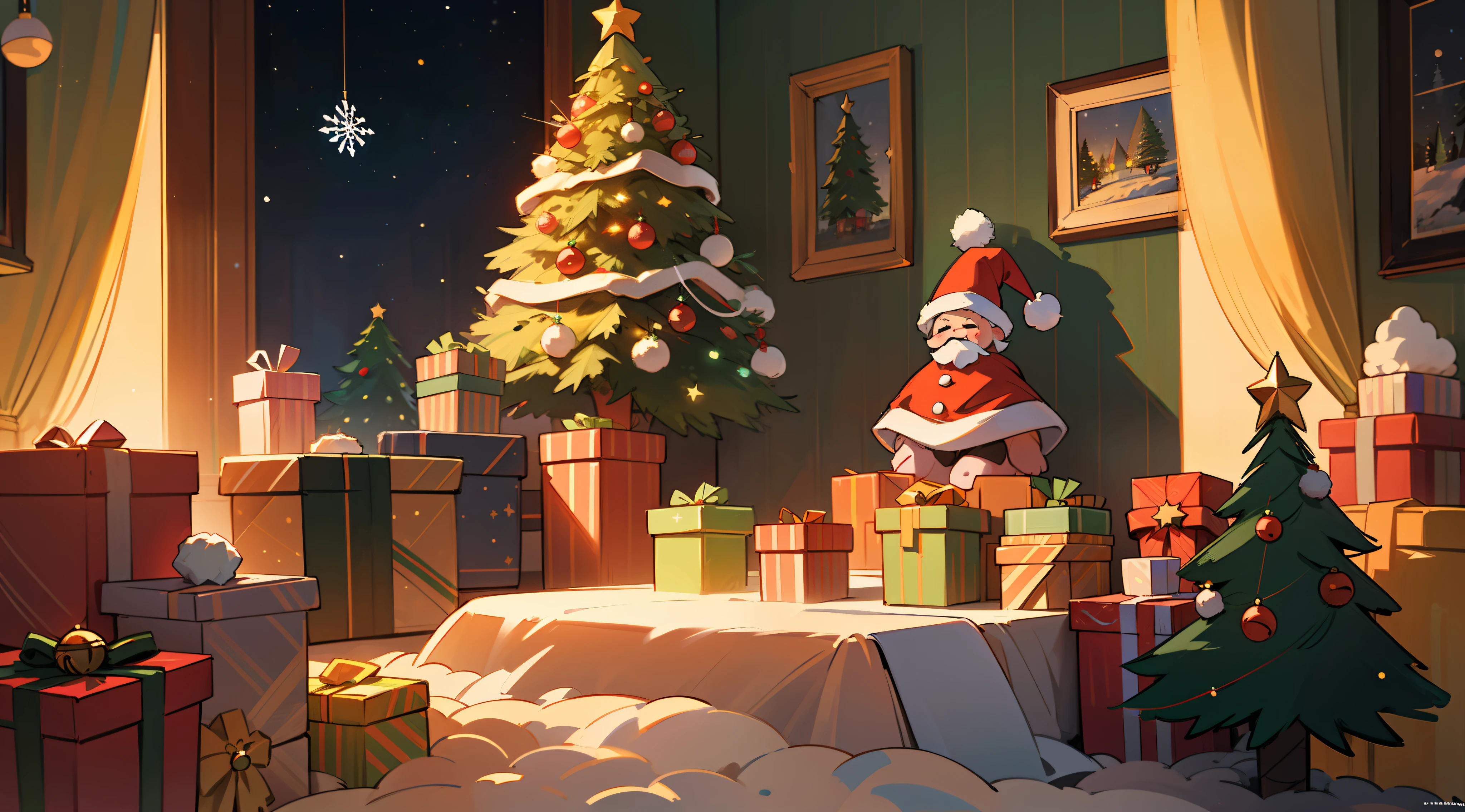 best qualtiy,16k,8K,True exposure,Ray traching,Excellent image quality,Christmas poster,Christmas atmosphere,A real Christmas tree,pompon,bell,Luminous colored light bar,inside in room,Chilling,Santa Claus hat,Christmas decorations are hung on the wall,snowflower
