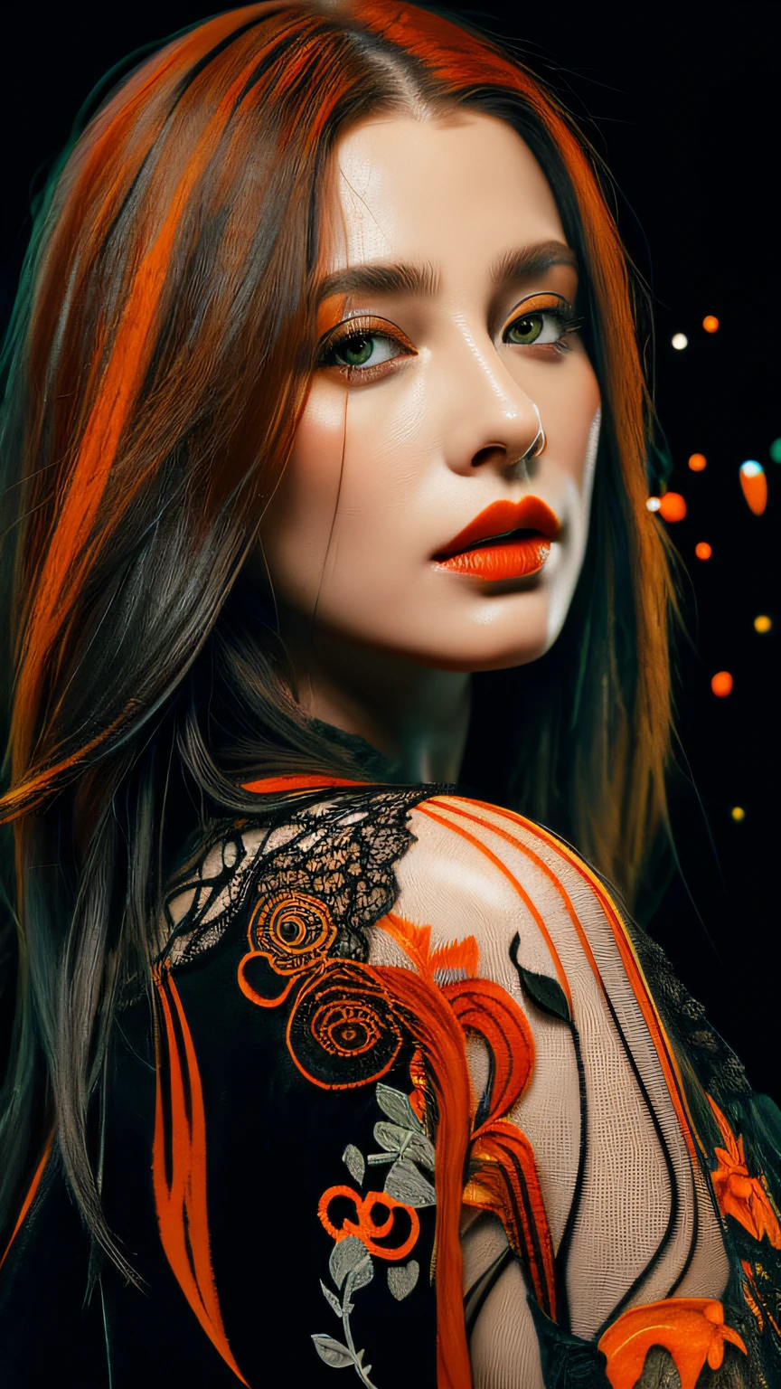 Wet black and orange color inks line art dreamy female portrait with lot of lace filigrees on black canvas illustration described in the perfect fractal style of Vassily Kandinsky, Jackson Pollock, Alphonse Mucha and Jeremy Mann, HQ, 4K Modifiers: 4K 3D, D850