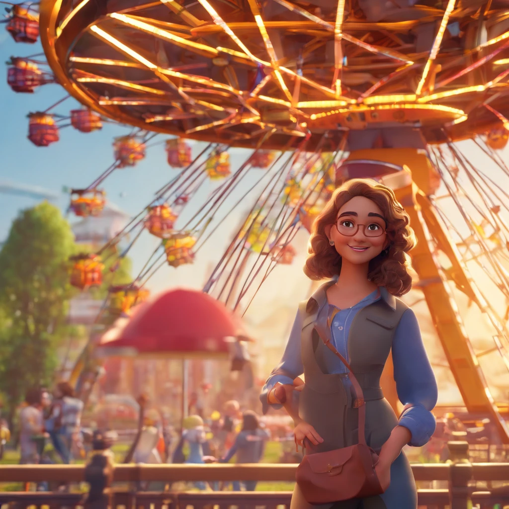 Crie uma cena de desenho animado estilo 3d -Pixar, Onde uma mulher, Long brown hair stands in a park near a Ferris wheel