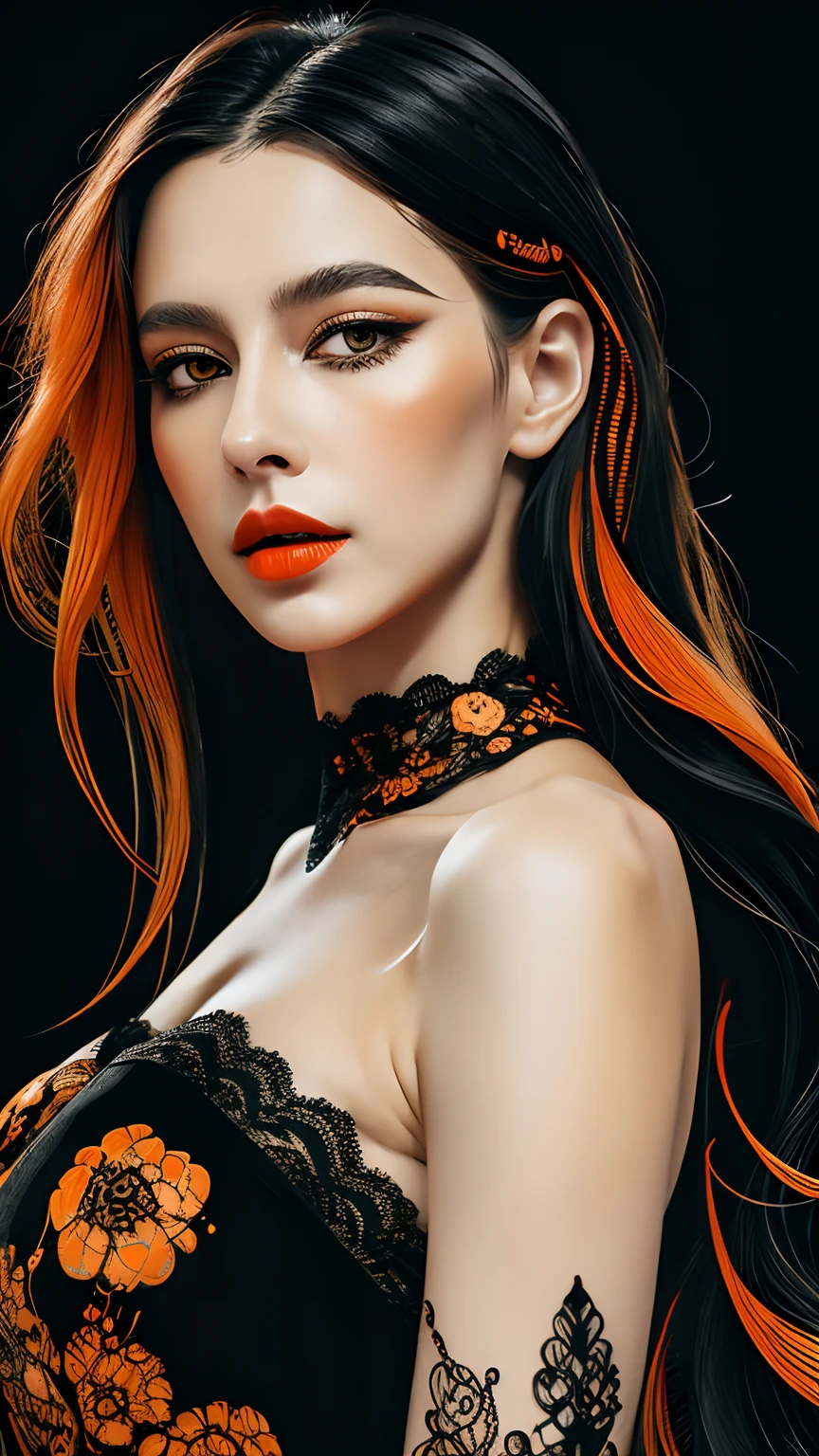 Wet black and orange color inks line art dreamy female portrait with lot of lace filigrees on black canvas illustration described in the perfect fractal style of Vassily Kandinsky, Jackson Pollock, Alphonse Mucha and Jeremy Mann, HQ, 4K Modifiers: 4K 3D, D850