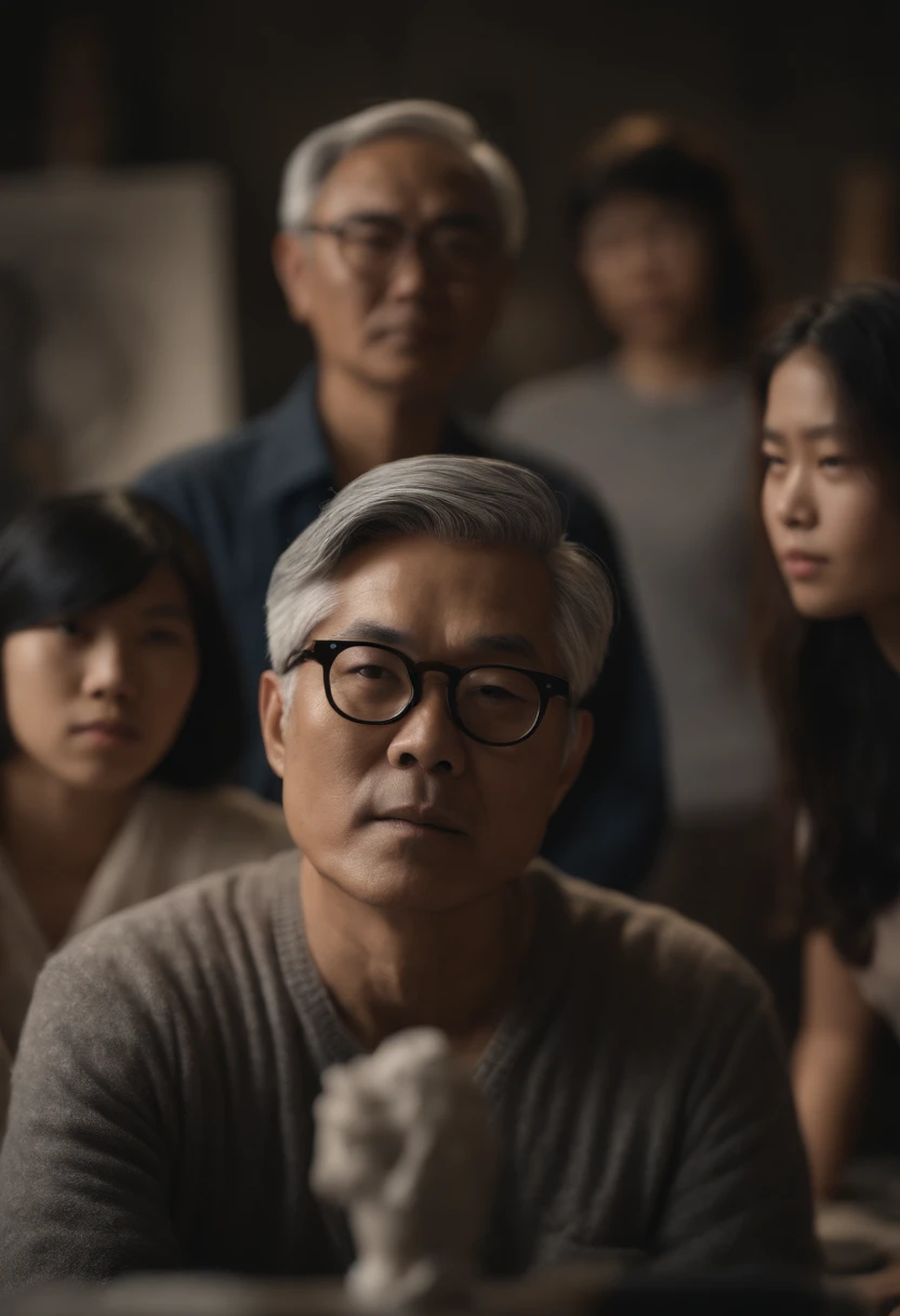 Asian male in 70's gray hair glasses carving a nude marble figure, a group of young Asian students in the background in a artist studio setting