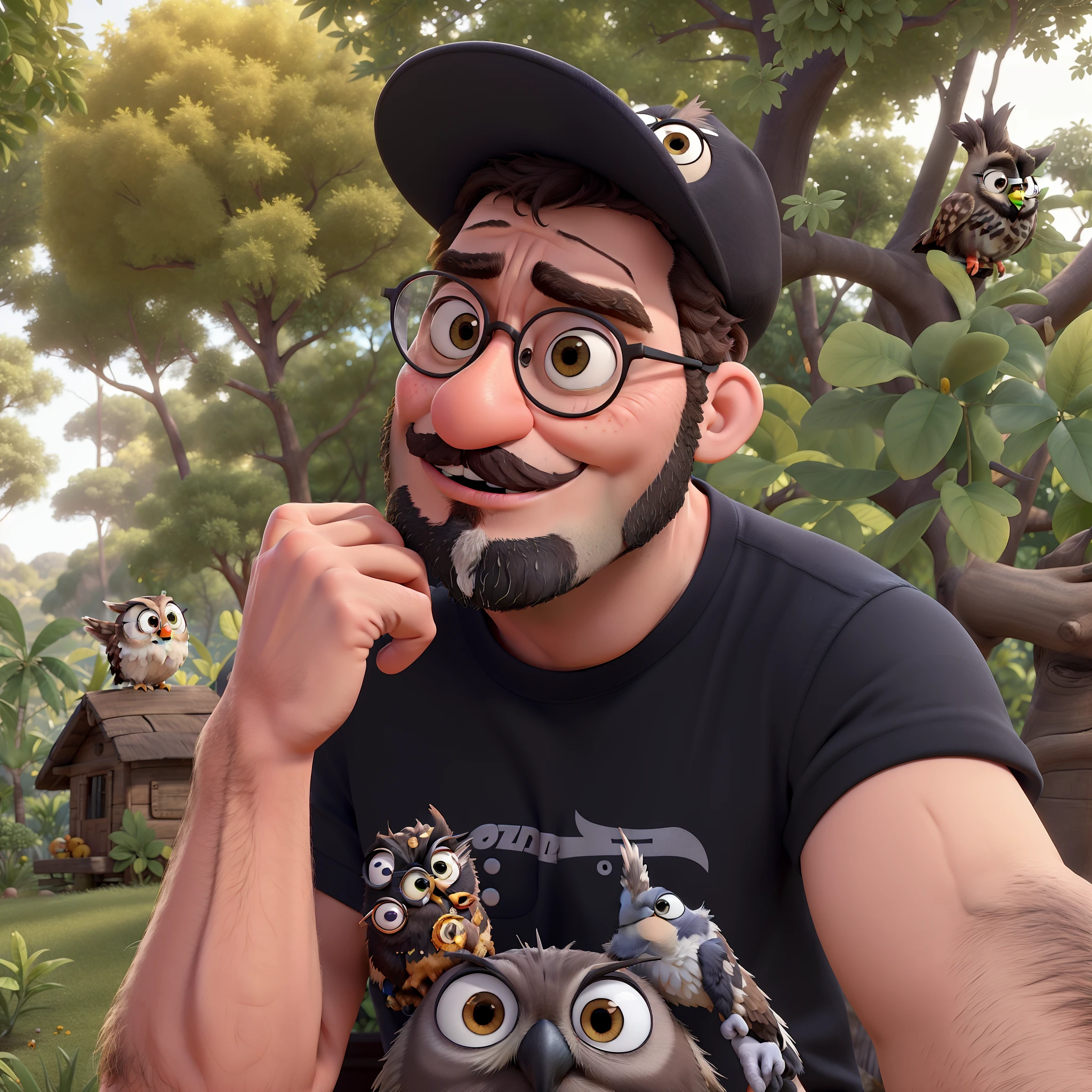 Poster no estilo Disney pixar, alta qualidade, homem branco, 35 anos, cabelo castanho, bigode, olhos castanhos, owl tattoo on arm, black cap, eyeglass, barba preta, hand on her chin, camiseta preta, Trees background.