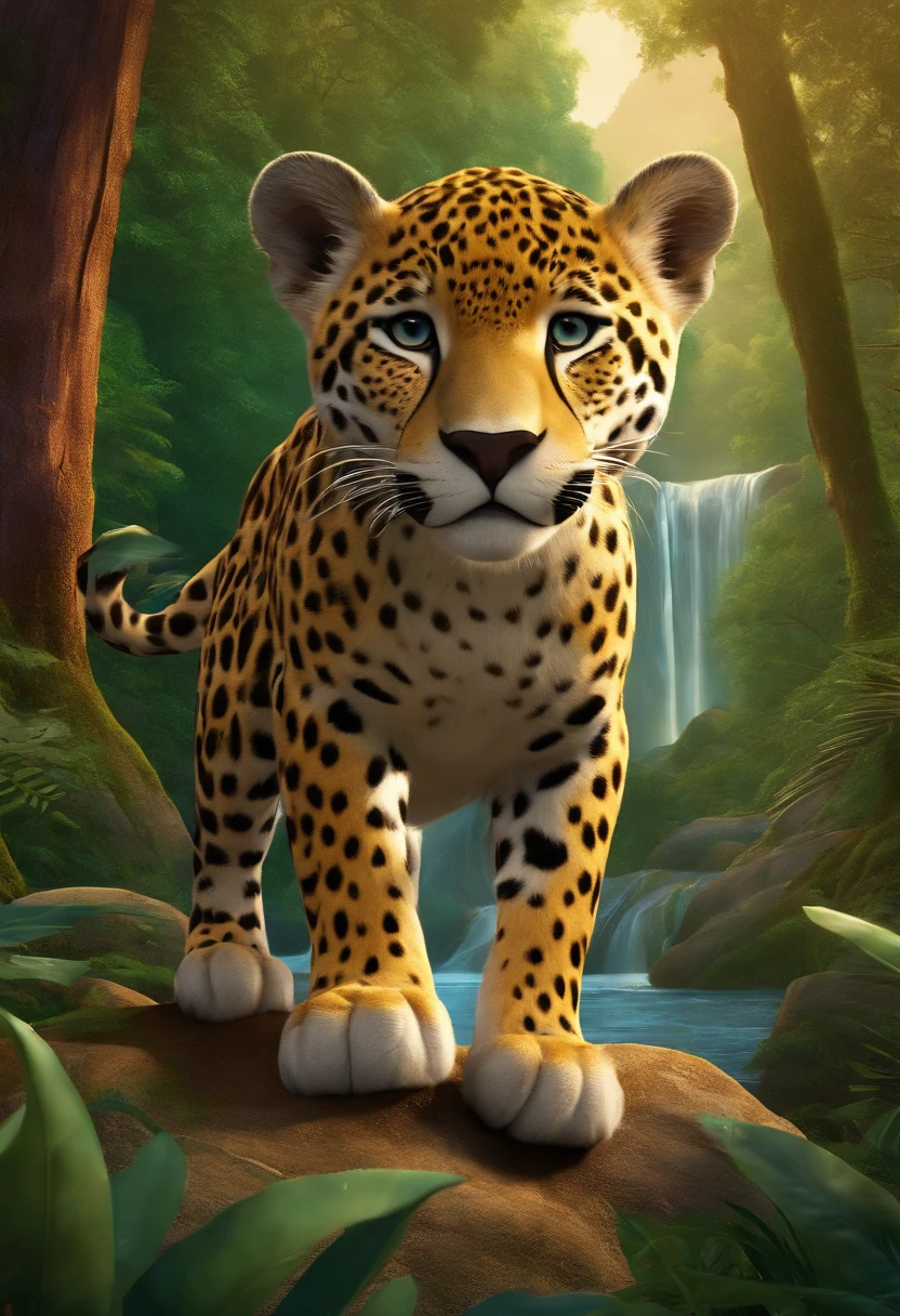 a Disney Pixar movie poster showing a jaguar with a Boy Scout scarf holding a diamond in a forest with a waterfall in the background. 3D-rendering