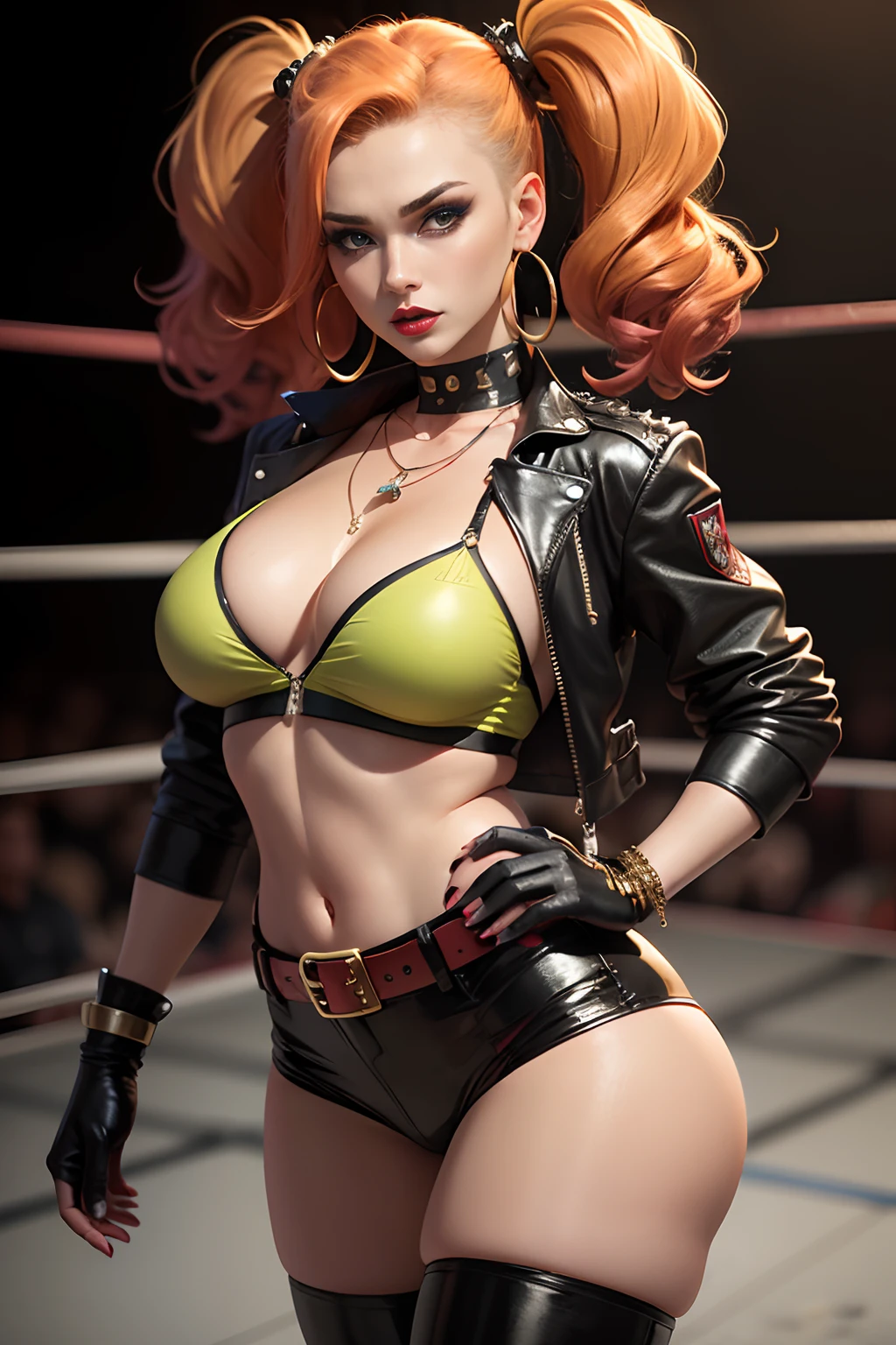 Masterpiece, hd, 8k, intricate details, extremely realistic, !(Gigi Dolin is a professional wrestler who has a very striking and original appearance. big thighs and big butt, Her hair is orange with some black highlights, and she wears it in two high pigtails. Her eyes are green and her makeup is very intense, with dark eye shadows and red lips. Her outfit consists of a black leather set with metallic details, which gives her a futuristic warrior look. She wears a short jacket with pointed shoulder pads, a V-neck top, tight pants with zippers, neon green fishnet pantyhose and high boots with buckles. She also wears some accessories like fingerless gloves, a spiked necklace, a belt with a large buckle, and some hoop earrings. Her outfit reflects her daring, rebellious and confident personality)