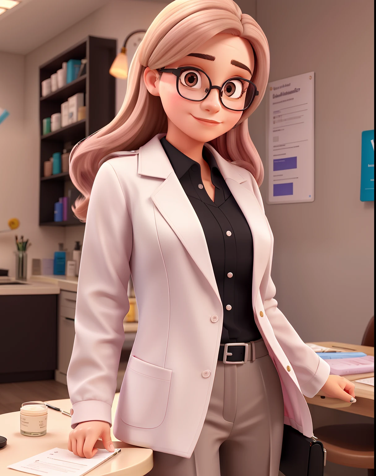 Uma mulher dermatologista , com 28 anos Serious, Chic and wise, with medium straight hair with highlights, olhos na cor preta, olhos esbugalhados e boca grande, with black dress pants, Pink lab coat and cream pants, of prescription glasses with brown frame with ounce, salto alto preto, In a fancy law firm. in an aesthetic clinic