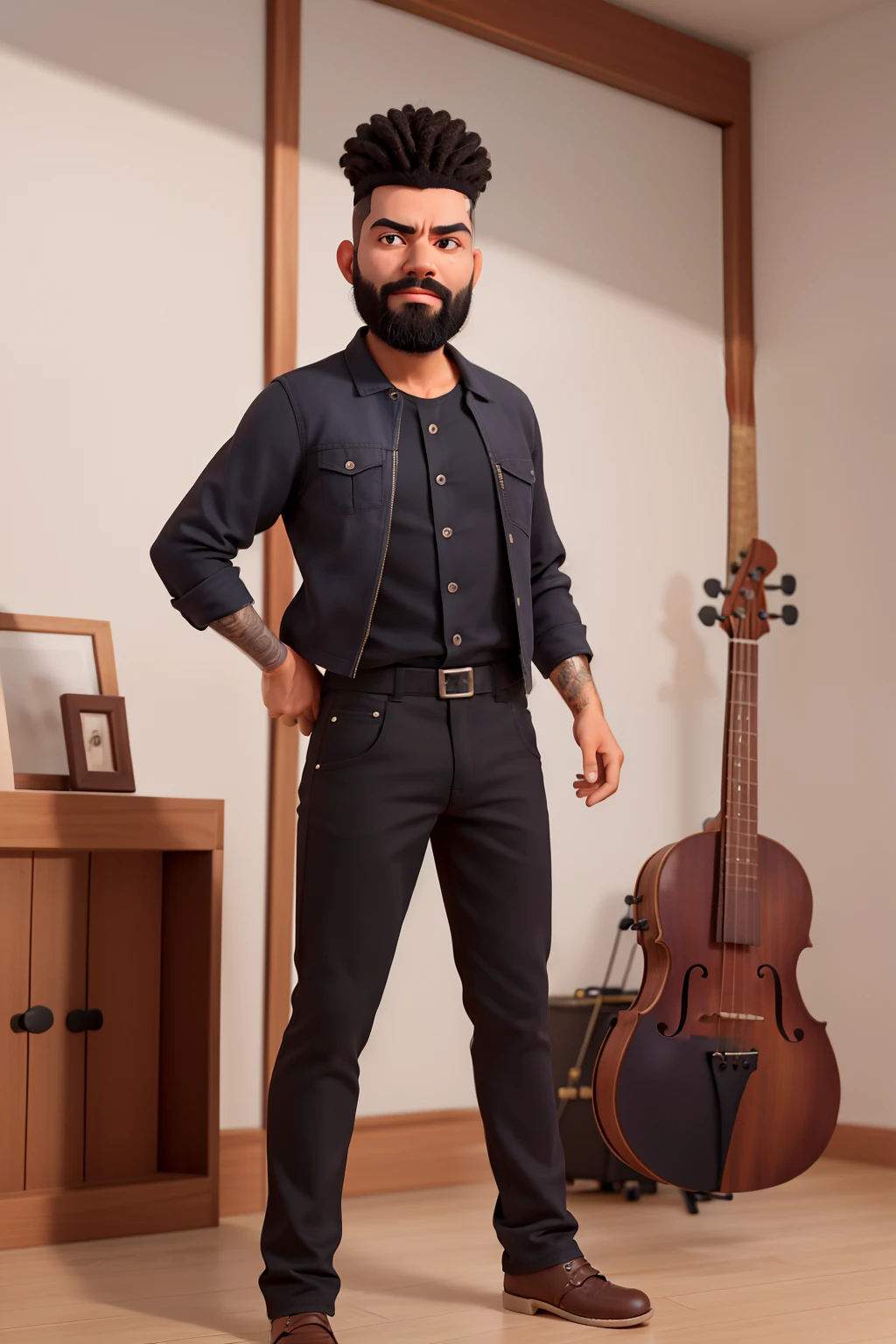 obra-prima, alta qualidade melhor qualidade, musician, baixista, moreno claro, cabelo preto com topete, barba preta curta fechada, black pant, camisa xadrez, fazendo show