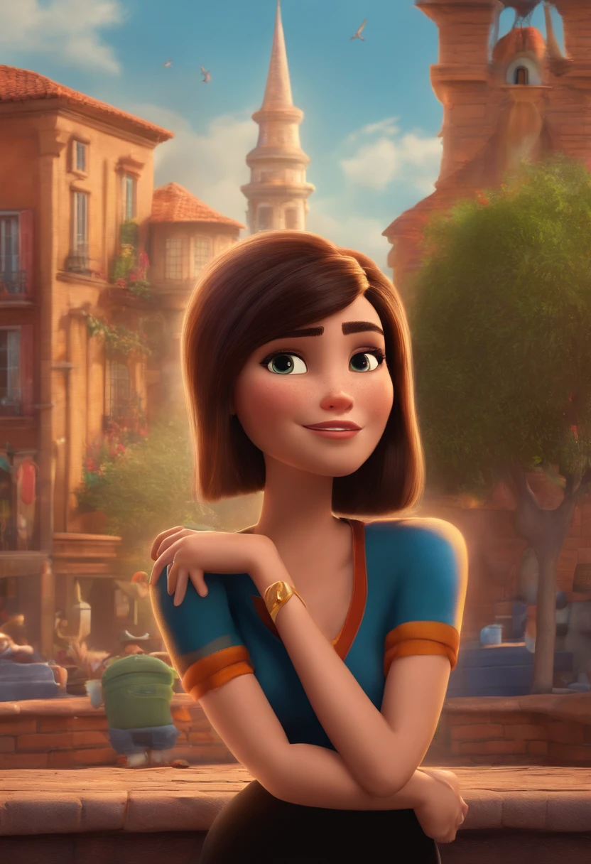filme Marketing 2023 estilo filmes Pixar, Com nome "N - Marketing", poster, With short, lighter brunette hair and a black t-shirt in front of her crossed arms.
