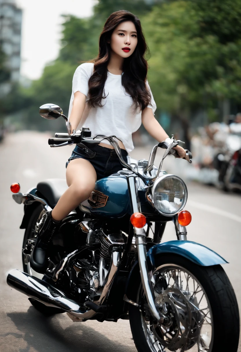 (((filmposter)))，(((A super sexy 25-year-old Chinese female model wearing a leather skirt and riding a Harley-Davidson motorcycle))，He wears a white Nike T-shirt on his upper body，Denim shorts on the bottom，Long black hair that floated up，Real expressions，HD Real，Black eyes，busty figure，HD picture，Sony SLR lens，Shoot at medium distance，Soft lighting，tmasterpiece