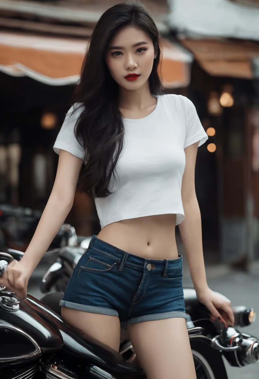 (((filmposter))),(((A super sexy 25-year-old Chinese female model wearing a leather skirt and riding a Harley-Davidson motorcycle)),He wears a white Nike T-shirt on his upper body,Denim shorts on the bottom,Long black hair that floated up,Real expressions,HD Real,Black eyes,busty figure,HD picture,Sony SLR lens,Shoot at medium distance,Soft lighting,tmasterpiece