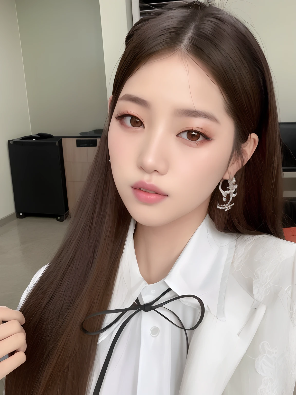 Hay una mujer de pelo largo que lleva una camisa blanca y una pajarita, maquillaje popular de Corea del Sur, ulzzang, Jaeyeon Nam, maquillaje coreano popular, Jinyoung Shin, Wan adorable cara coreana, Bae Suzy, Joven y adorable rostro coreano, Retrato de Jossi de Blackpink, Lalisa Manobal, Heonhwa Choe, Sakimichan