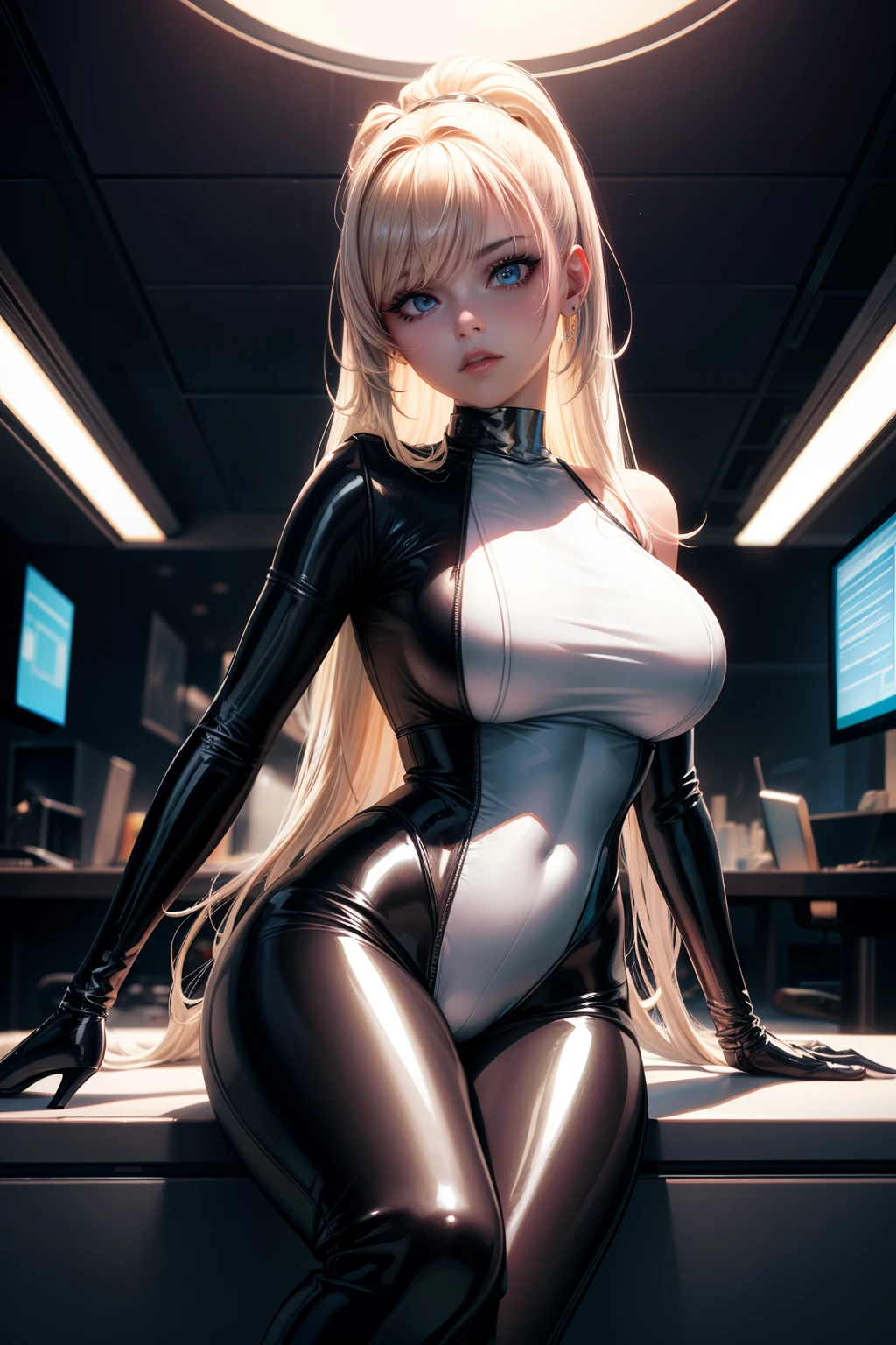 solo, super fine photo, portrait digital art Unreal Engine 5 8K UHD of a girl, concept art, character concept design, fetish clothing, rubber clothes, wearing white latex bodysuit with straps, long black latex gloves with straps, latex high heels, long wavy blonde hair, seducing face, cyberpunk fashion design, sitting in futuristic office fantasy background, best quality, masterpiece, super detailed, sharp focus, female pose