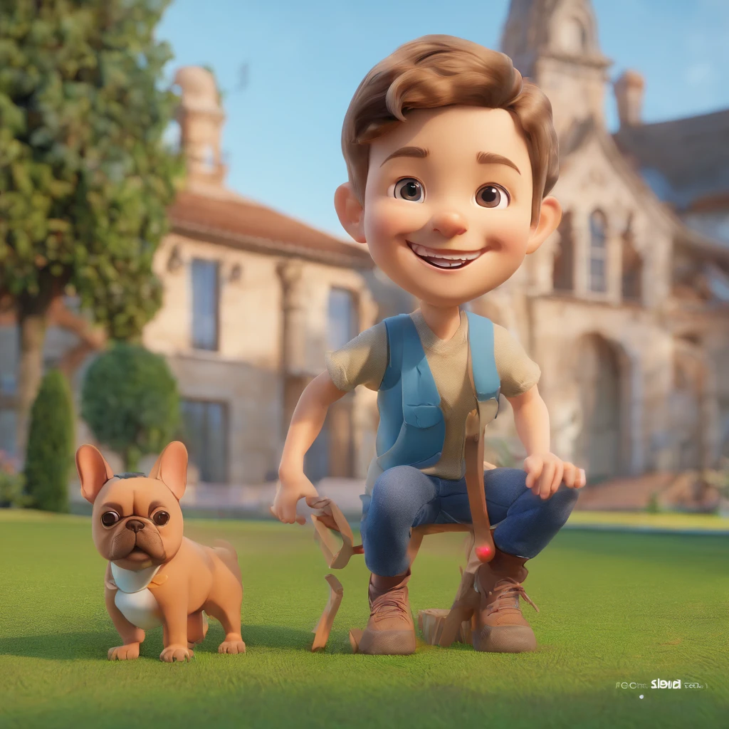 Osmir is a smiling 41-year-old human boy, com seu fiel amigo, Bolt, o cachorro french bulldog, deitados no jardim