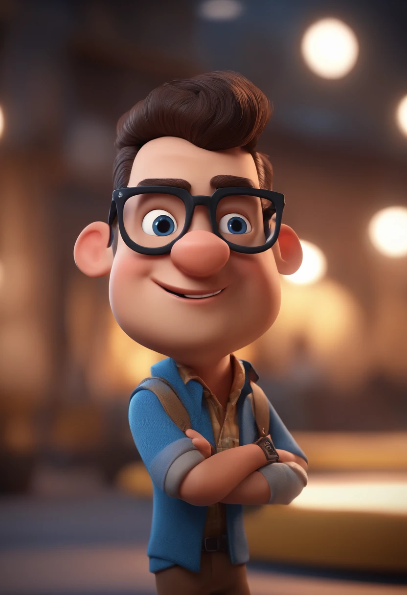 Cartoon character of a man with black glasses and a blue shirt, animation character, Caractere estilizado, animation style rendering, 3D estilizado, Arnold Maya render, 3 d render stylized, toon render keyshot, Personagem 3D, Personagem 3D, 3d rendering stylized, 3 d character render, personagem de desenho animado, Personagem de close up, Pose de personagem, (Estilo Pixar) (master part:1.2) (Bokeh) (best quality) (pele detalhada) (textura detalhada) (8k) (argila) (Cinematic lighting) (foco nítido