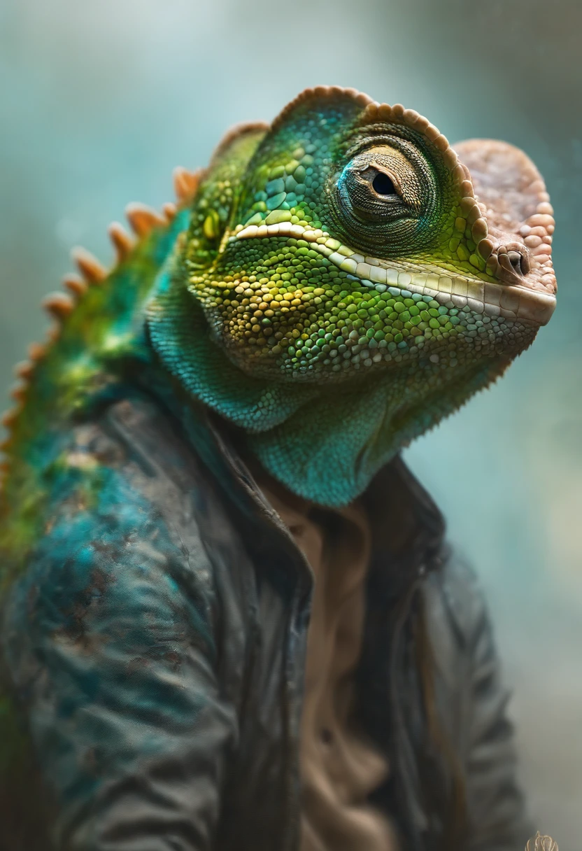 Perfect centralization, A beautiful chameleon, sorriso feliz, Use uma jaqueta de estudante, wearing sunglasses, Usando fones de ouvido, Standing position, beleza abstrata, Centrado, looking at the camera, Facing the camera, nearing perfection, Dynamic, luar, altamente detalhado, pintura digital, art stations, Conceito-Arte, liso, foco nítido, 8k, high-definition resolution, illustration, arte de Carne Griffiths e Wadim Kashin, fundo branco