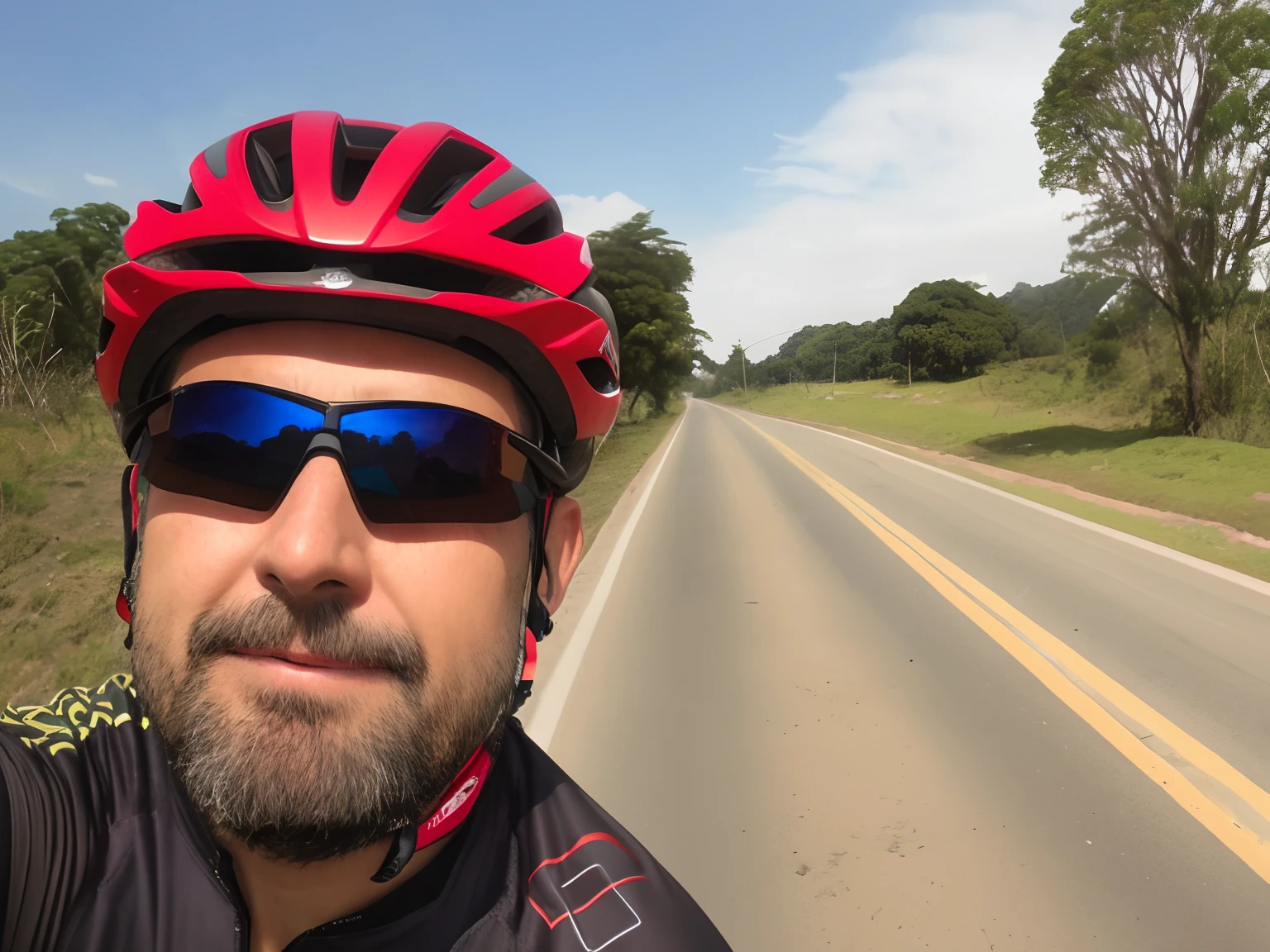 Man wearing helmet and sunglasses taking a selfie, Andar na estrada, ciclismo!!, capacete de bicicleta de estrada, sem capacete, imagem de perfil, bicicleta no fundo, selfie shot straight on angle, Assumido em Go Pro Hero8, vista do capacete, Viagem de bicicleta Hoffman, usando capacete, sem capacete!!!!, standing bravely on the road, Foto POV
