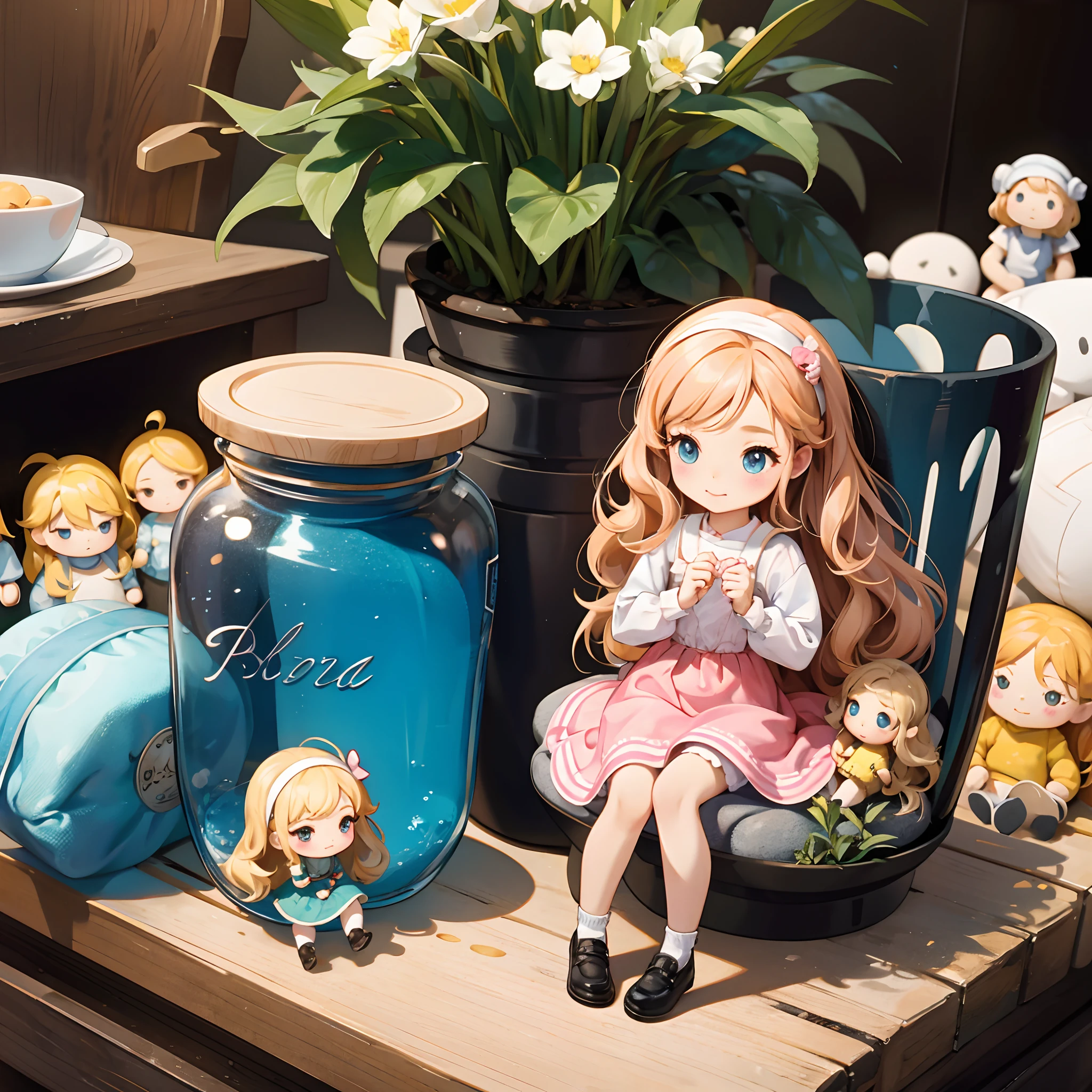 There is a small doll in a small jar、It's a cute pose.......、