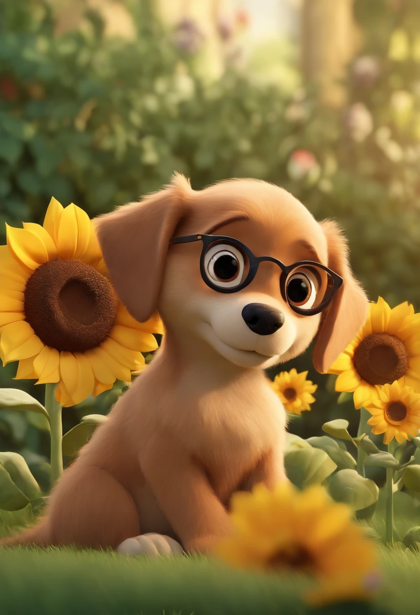 Create a Disney PIXAR-style 3D poster. ((centro da imagem, fami)), ((2 pessoas)) ((1 cachorro amarelo)) ((1 calopsita)) ((They're hugging each other, The father is blond with green eyes, He has a mustache and goatee and wears glasses, Mom is brunette with curly hair, ((tudo isso no estilo Disney PIXAR 3D, In the background, A house of sunflowers, Gloria Studio, The garden is full of nature 3D render RTX clay material, estilo de design cartunesco, POP Mart, soft lighting, linhas suaves, Spring tilt, Detailed illustrations of PIXAR 3D, Detalhes hiper-realistas, cor quente no estilo Disney PIXAR 3D))