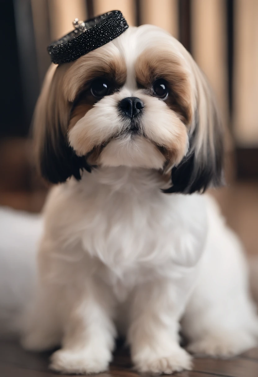 Pixar. Casal com um filhote de cachorro Shih-tzu branco com manchas caramelo com terno preto. A menina e branca  tem os cabelos loiros olhos castanhos claro , Vestido de noiva branco com pedrinhas e decote, buque de rosas brancas. O menino moreno claro, olhos castanhos claro de terno pretos com cabelos preto, sem barba, lapela . They're both smiling, he's 33, she's 31