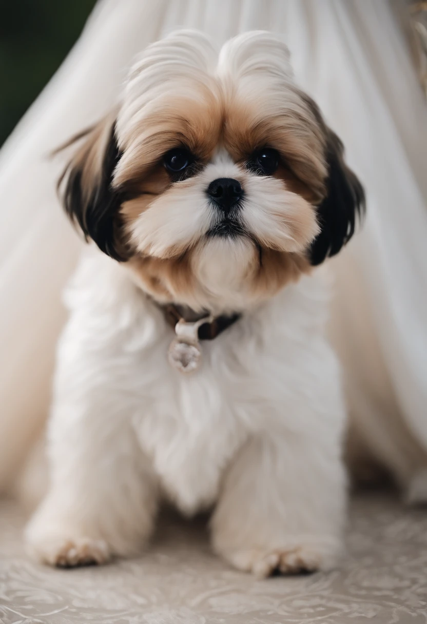 Pixar. Casal com um filhote de cachorro Shih-tzu branco com manchas caramelo com terno preto. A menina e branca tem os cabelos loiros olhos castanhos claro , Vestido de noiva branco com pedrinhas e decote, buque de rosas brancas. O menino moreno claro, olhos castanhos claro de terno pretos com cabelos preto, sem barba, lapela . They're both smiling, he's 33, she's 31