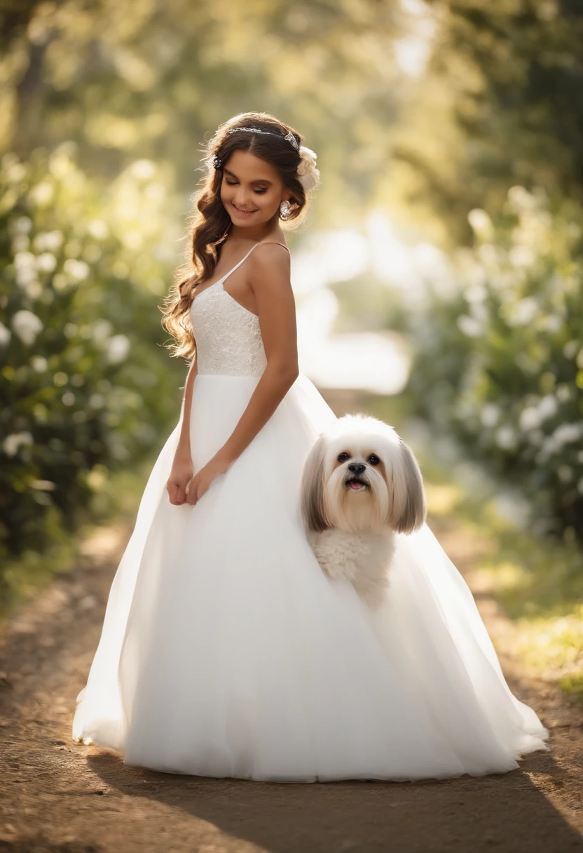 Pixar. Casal com um filhote de cachorro Shih-tzu branco com manchas caramelo com terno preto. A menina e branca  tem os cabelos loiros olhos castanhos claro , Vestido de noiva branco com pedrinhas e decote, buque de rosas brancas. O menino moreno claro, olhos castanhos claro de terno pretos com cabelos preto, sem barba, lapela . They're both smiling, he's 33, she's 31