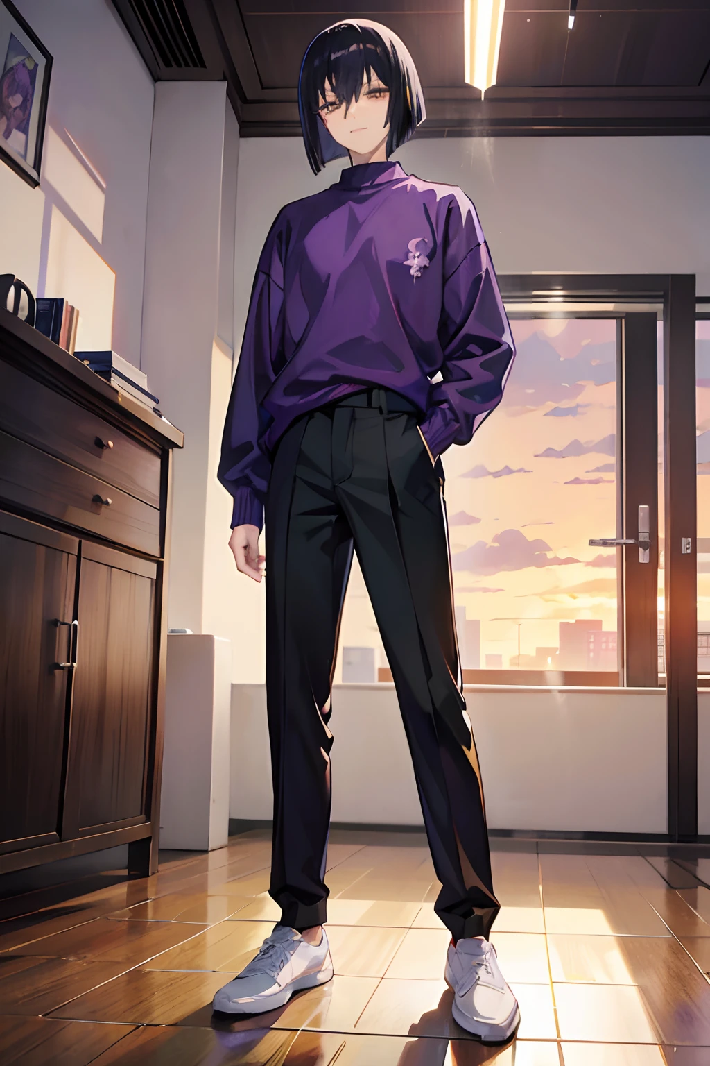 anime, anime young man, 19 years old, wearing purple sweater, black hair, bob haircut, black pants, white shoes, yellow eeyes, anime full body illustration, kazuki takahashi style, character smilling, in a room, sunset time, young anime man,