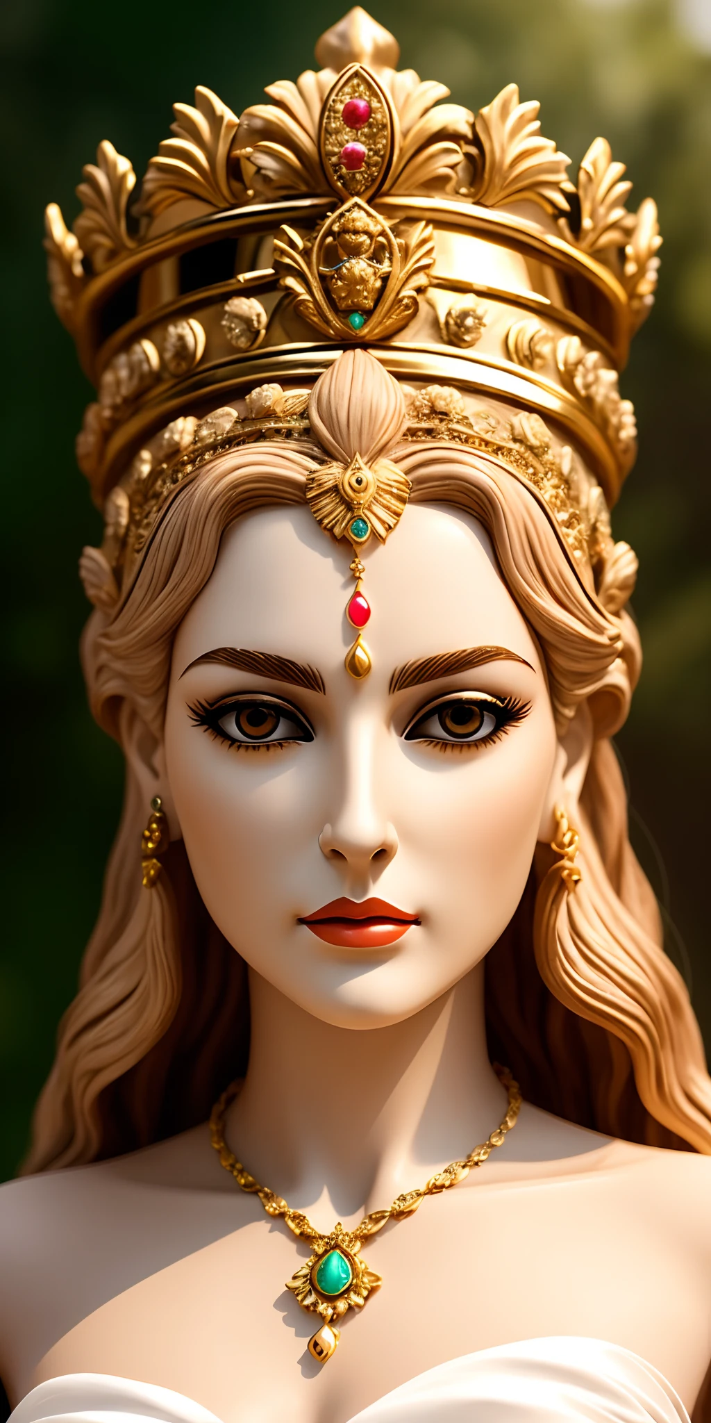 Queen Hera ancient goddess royal face, ultra straight nose, detailed drawn eyes, thin lips wearingwhite outfit standingin olympus palace ultra realistic image.