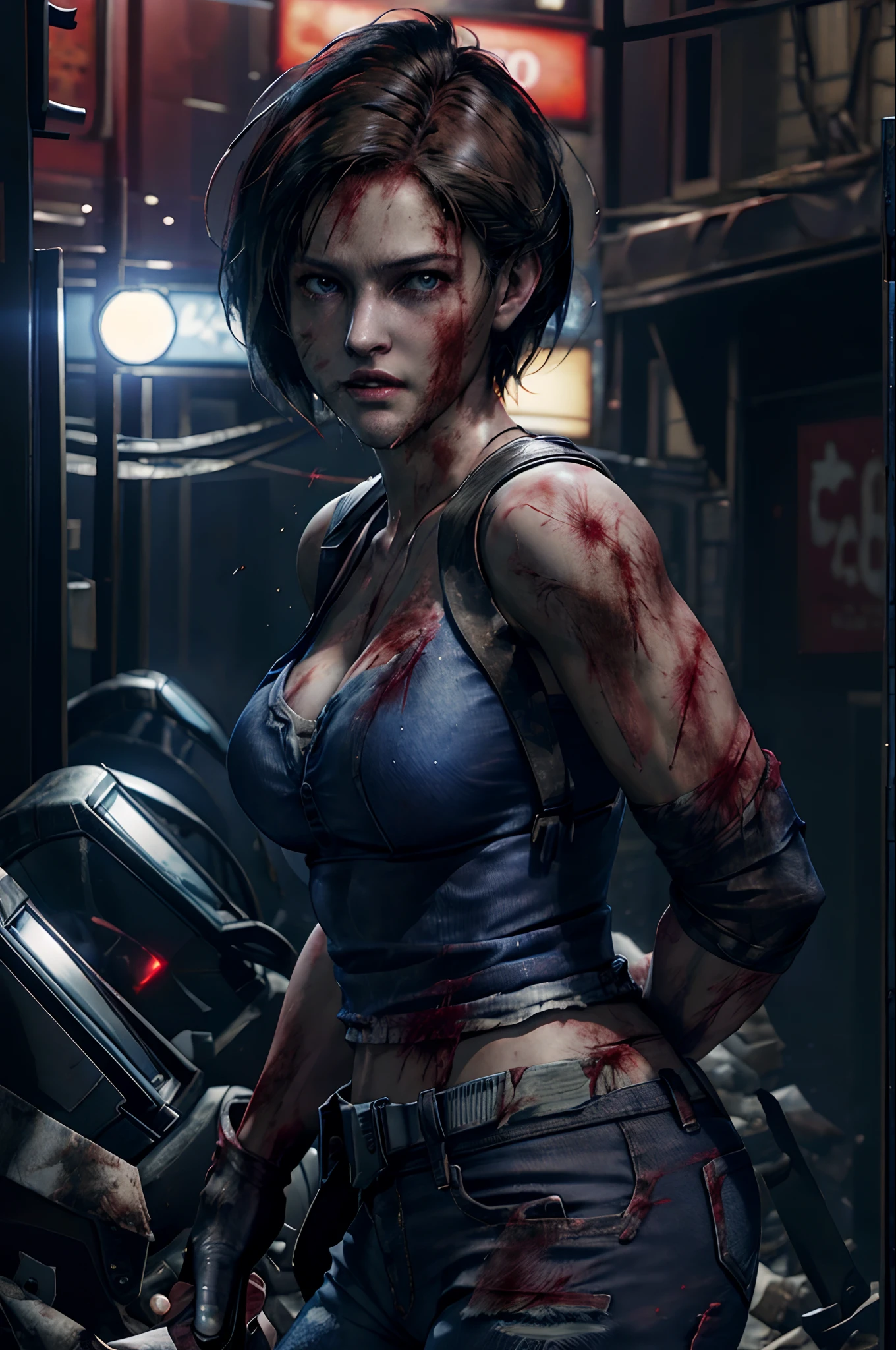 jill valentine, bitting wound on skin, blood alover body,short hair, blue top, jean pant, resident evil, zombie apocalypse background, background with red alert light effect