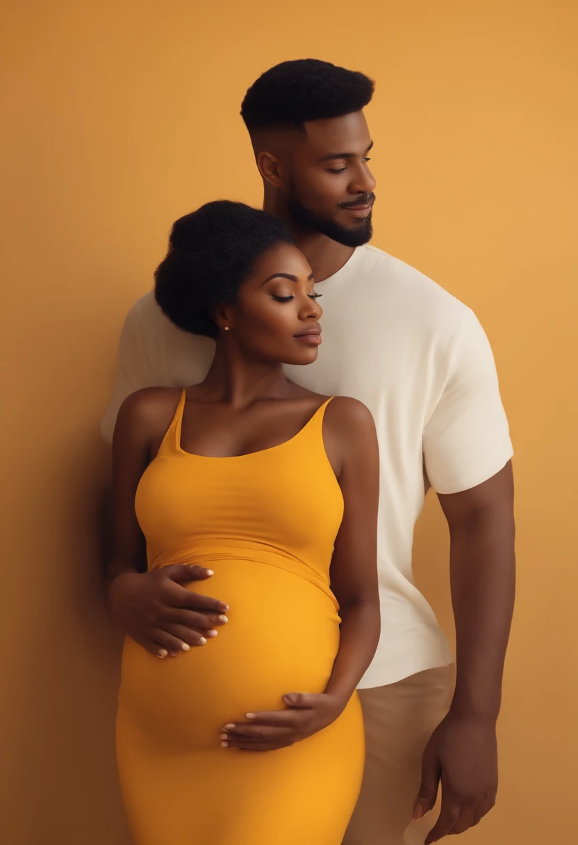 make a poster in the style of Disney Pixar, with pregnant black woman with hair tied on top and husband with short hair and shaved beard ,ambos de roupas brancas, com fundo de cortina amarela imagens bem realista, casal ,  with a captivating facial expression, In a flickering scenario, cores efervescentes.