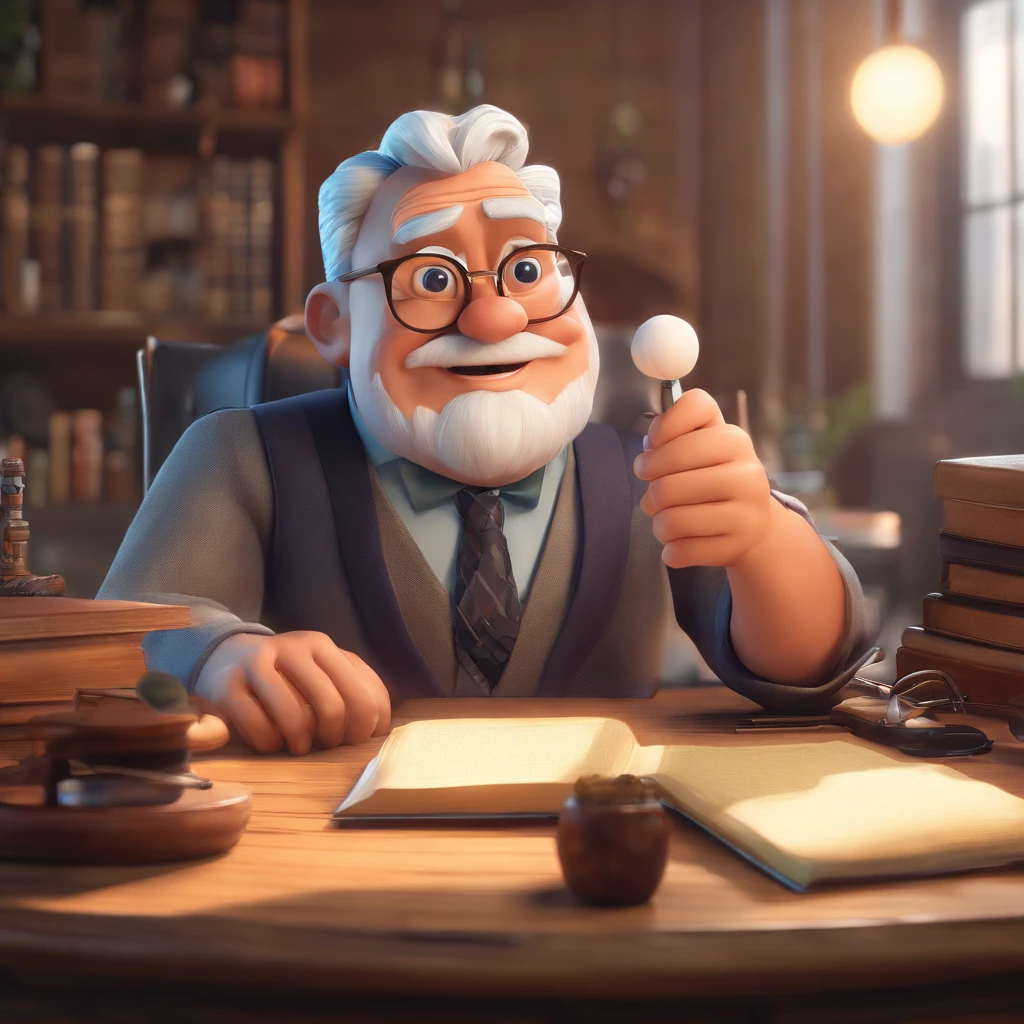 Crie um cartaz inspirado na Disney Pixar com o personagem sendo o pastor Rubens Janier, A gray-haired man wearing glasses, in an office with a Bible on the table