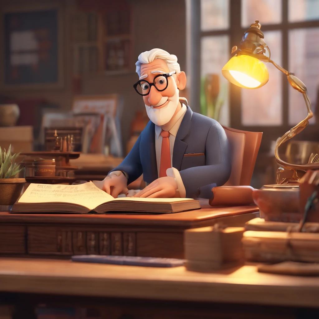 Crie um cartaz inspirado na Disney Pixar com o personagem sendo o pastor Rubens Janier, A gray-haired man wearing glasses, in an office with a Bible on the table