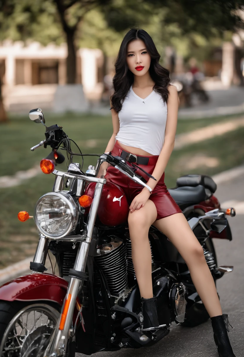 ((Magazines)))，(((A super sexy 25-year-old Chinese female model wearing a leather skirt and riding a Harley-Davidson motorcycle))，((Wear a red Nike T-shirt on the top))，Denim shorts on the bottom，Long black hair that floated up，Real expressions，HD Real，Black eyes，busty figure，HD picture，Sony SLR lens，Shoot at medium distance，Soft lighting，tmasterpiece