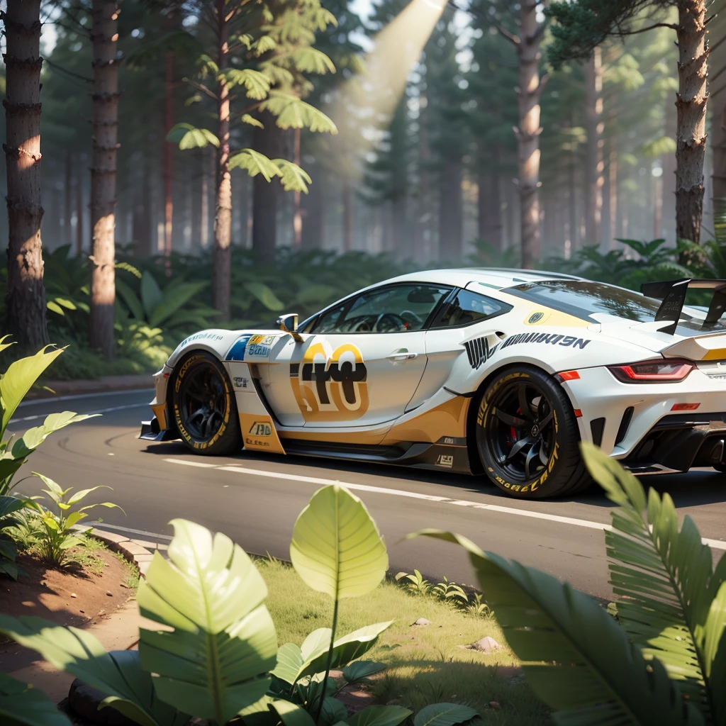 Banana and banana leaves designed African high tech car, racing in the forest, leaves spreading in the background, forest trees reflecting on the car's shinny surface, sunlight piercing through the trees with soft light shining, with iridescent light, cinematic lighting, artgerm style, 32k, ultra HD, unreal engine rendered, hyper-realistic image, octane 3d --auto --s2