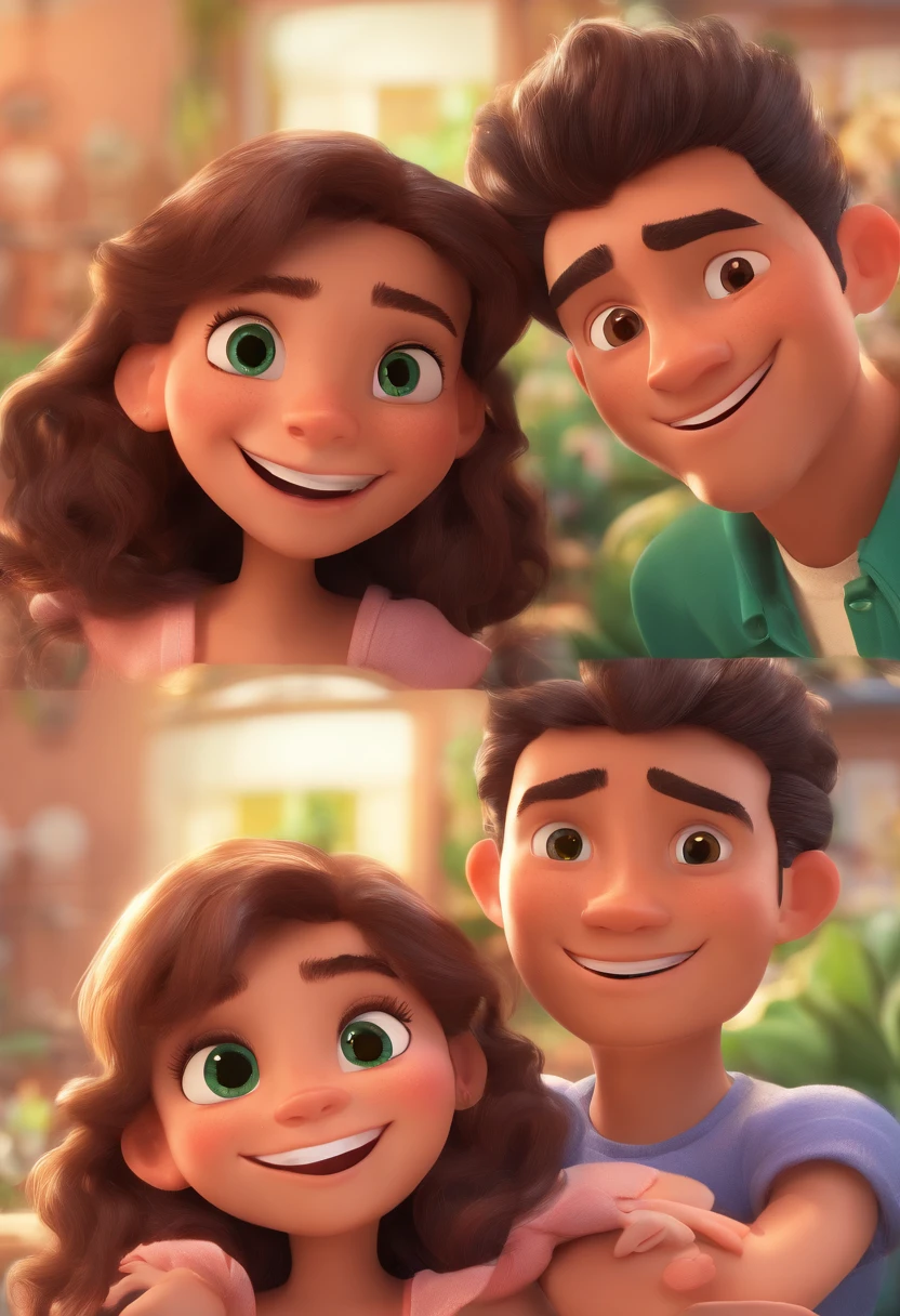 An illustration of an adorable couple, Spotlight on a muscular man and a woman with beautiful expressive green eyes - the man's skin is brown, o cabelo preto e cacheado, os olhos pretos, while the woman's skin is white, os cabelos sao loiros e longos. They are a bright room, cada um com um sorriso no rosto, e compartilhar um momento especial caracterizado pelo amor, Insights. Illustrate this scene from a perspective where they are facing the camera, Smiling and Showing Your Connection. Desenvolva esta arte em Full HD, Focus on your cinematic touch, Estilo Disney Pixar Animations