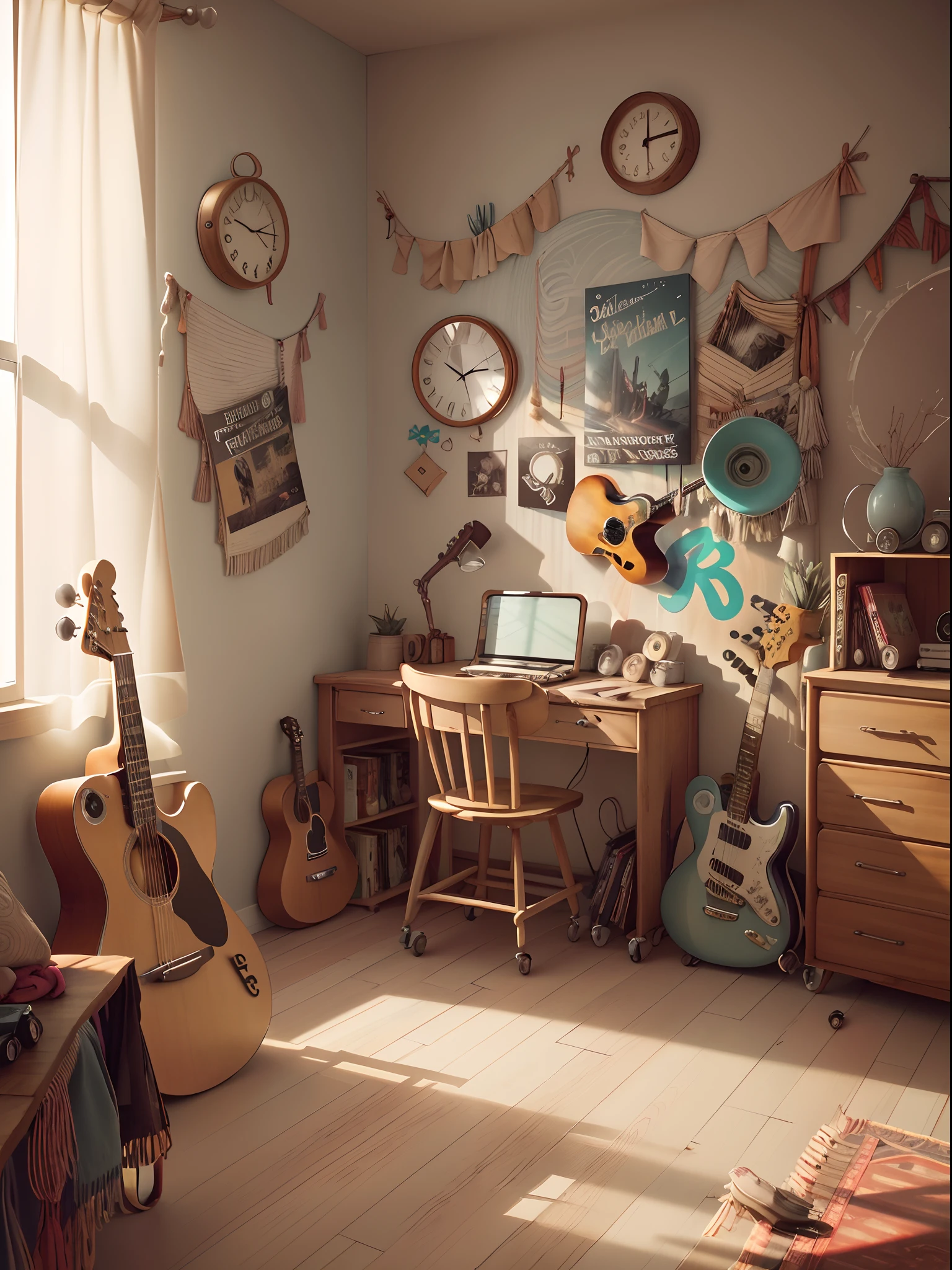 design a bedroom that has an accent wall the color of snorlax and three white walls with light hard wood floors. the room features skateboards, bookshelves, a desk, a guitar, and vinyls