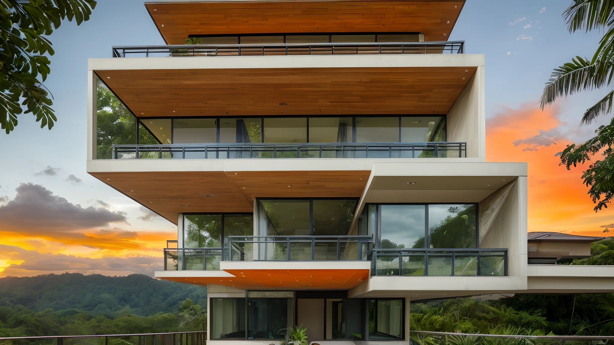 exterior contemporary house in the sunrise , (( halfway up the tropical hill )) , cladding stone mix with nature wood material , glass rail , plants on balcony , glasses window , nice landscape with tropical tree and plants , green grass , navy blue and orange color scheme ,
